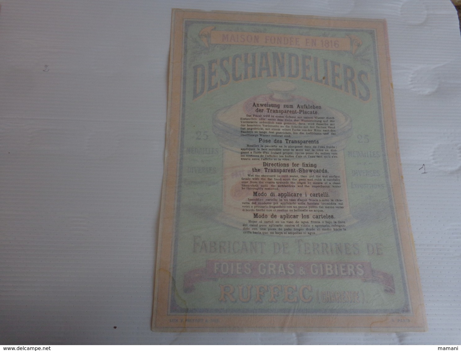 Publicite Adhesive -foies Gras Et Gibiers-------ruffec-deschandeliers -fabricant De Terrines-21x29.7- N°1 - Werbung