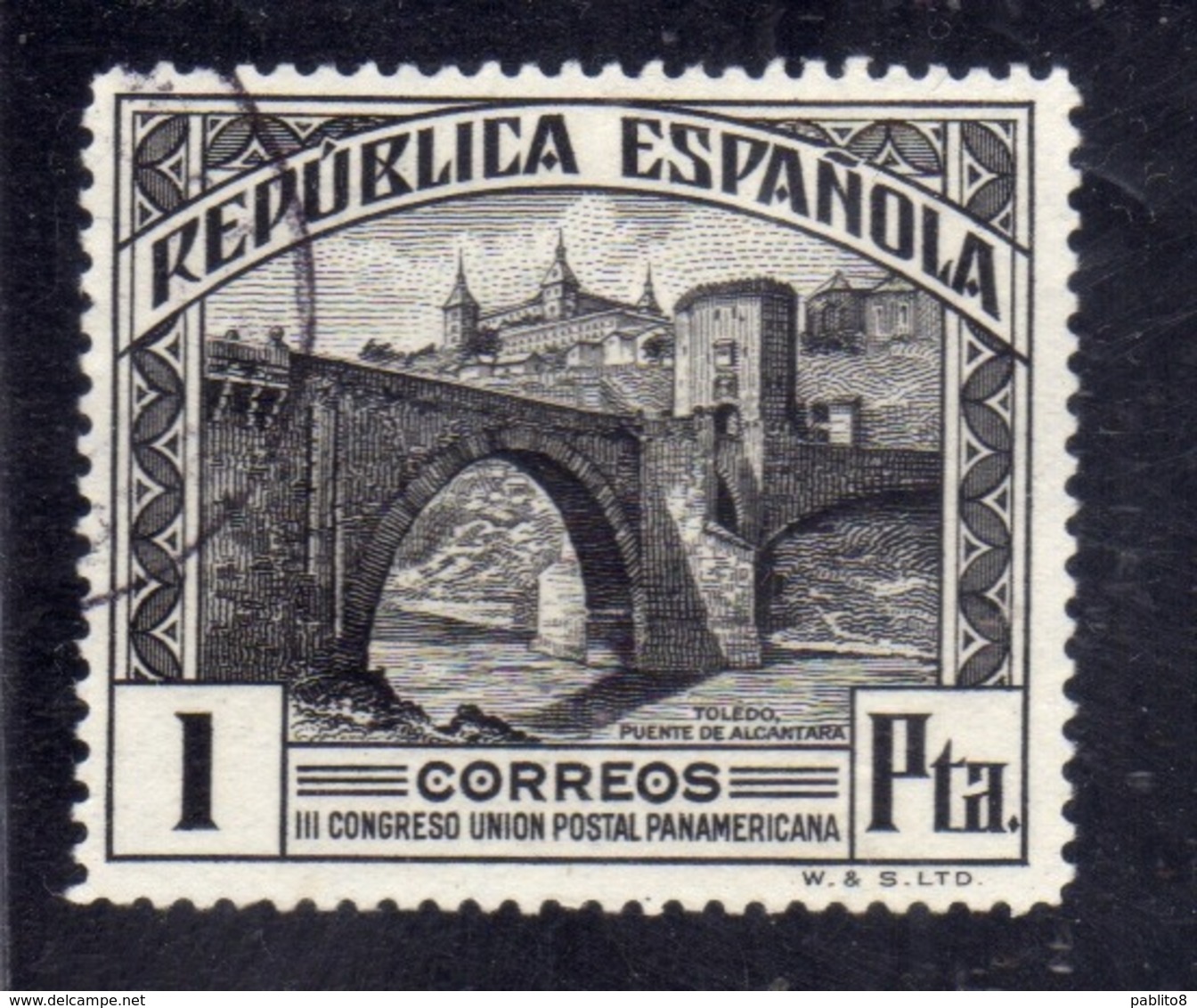 SPAIN ESPAÑA SPAGNA 1931 ALCANTARA BRIDGE ALCAZAR TOLEDO PESETA 1p USED USATO OBLITERE' - Usati