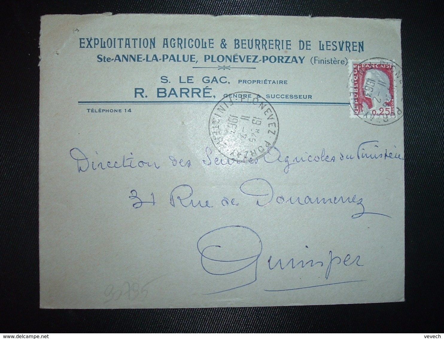 LETTRE TP M. DE DECARIS 0,25 OBL.11-2 1963 PLONEVEZ PORZAY FINISTERE (29) BEURRERIE DE LESVREN S. LE GAC - Cachets Manuels