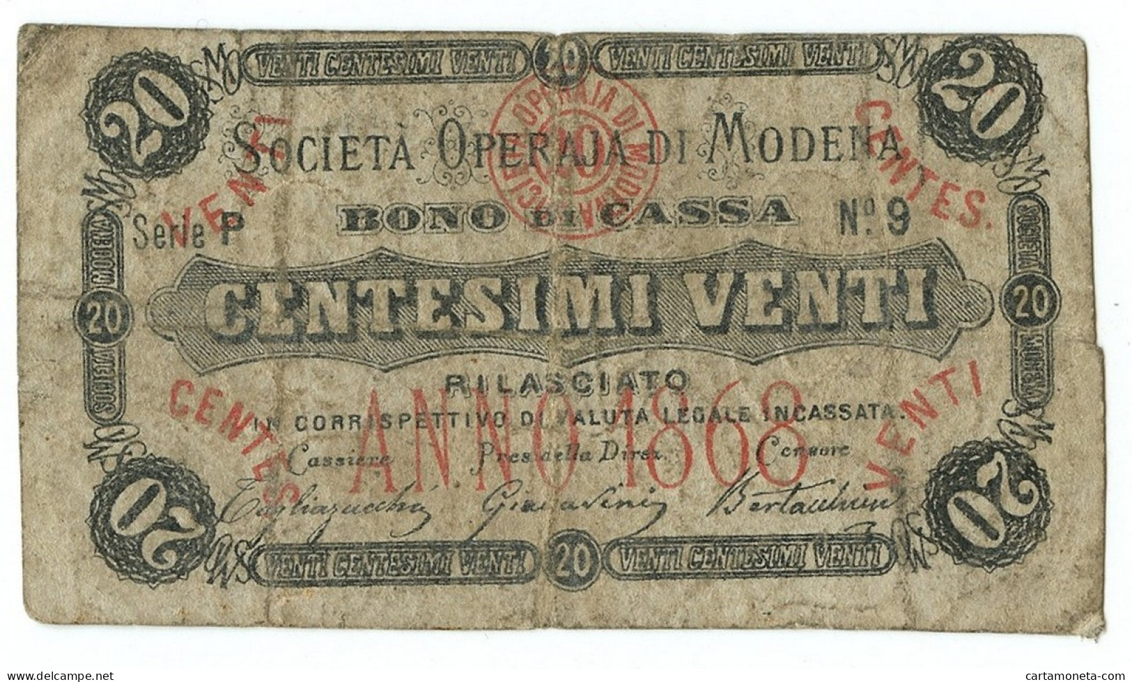 20 CENTESIMI BIGLIETTO FIDUCIARIO SOCIETÀ OPERAIA DI MODENA 1868 QBB - Altri & Non Classificati