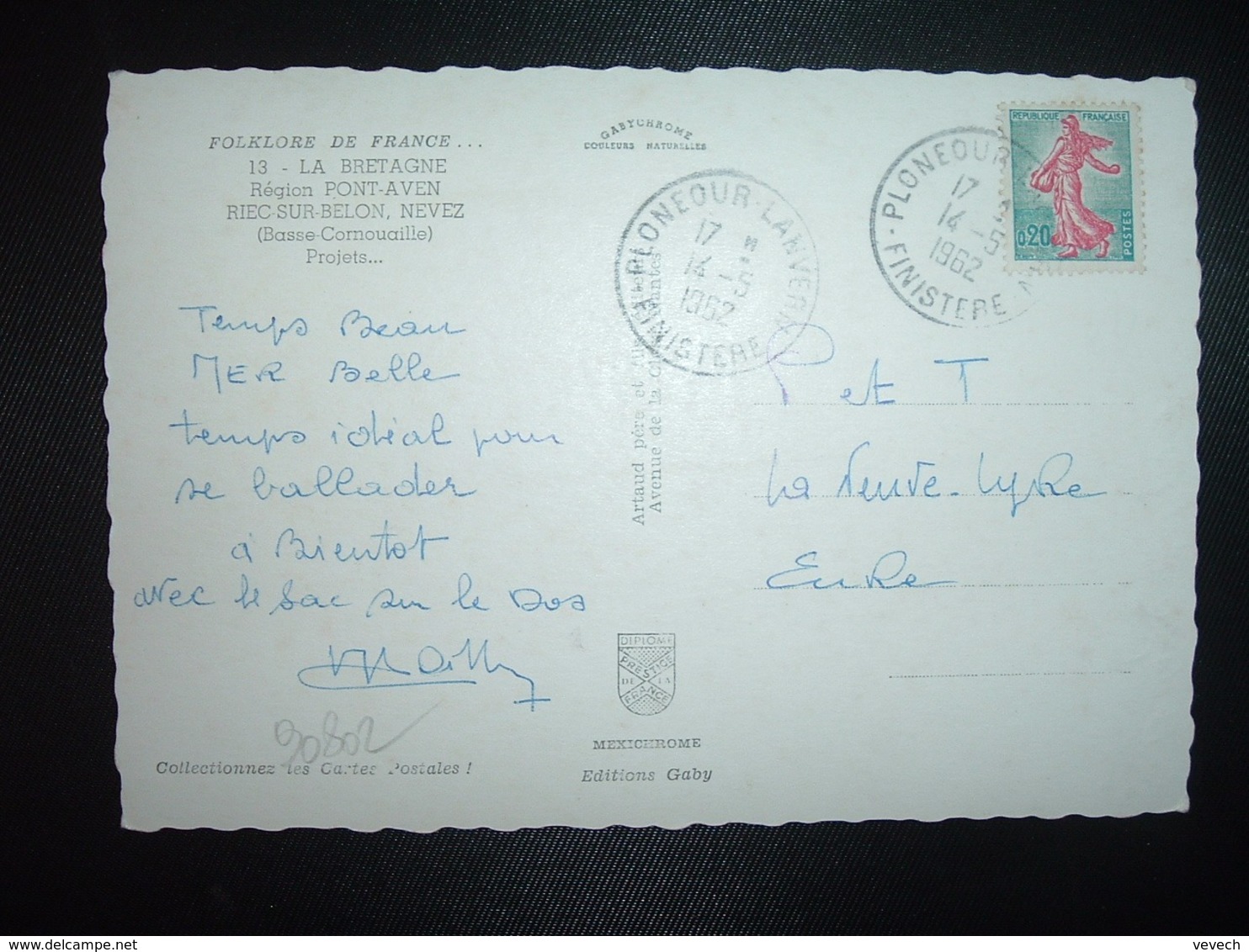 CP TP SEMEUSE 0,20 OBL.14-5 1962 PLONEOUR LANVERN FINISTERE (29) - Cachets Manuels