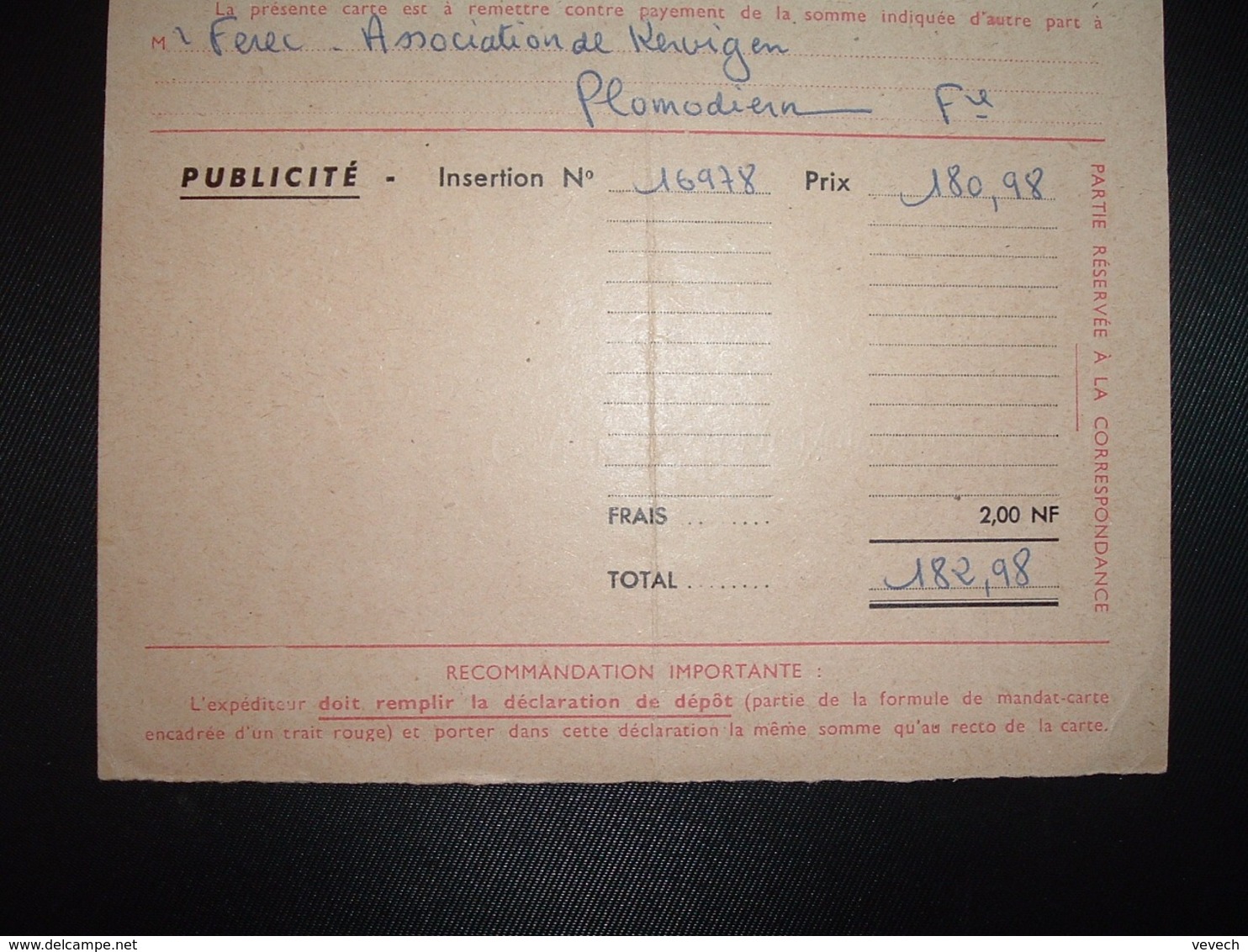 CP CR CHEQUES POSTAUX TP VIADUC DE CHAUMONT 0,85 OBL.MEC. + OBL.1-10 1960 PLOMODIERN FINISTERE (29) - Cachets Manuels