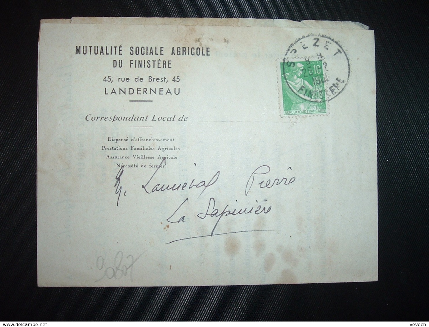 LETTRE (PLI) TP PAYSANNE 0,10 OBL.25-2 1961 SPEZET FINISTERE (29) - Cachets Manuels