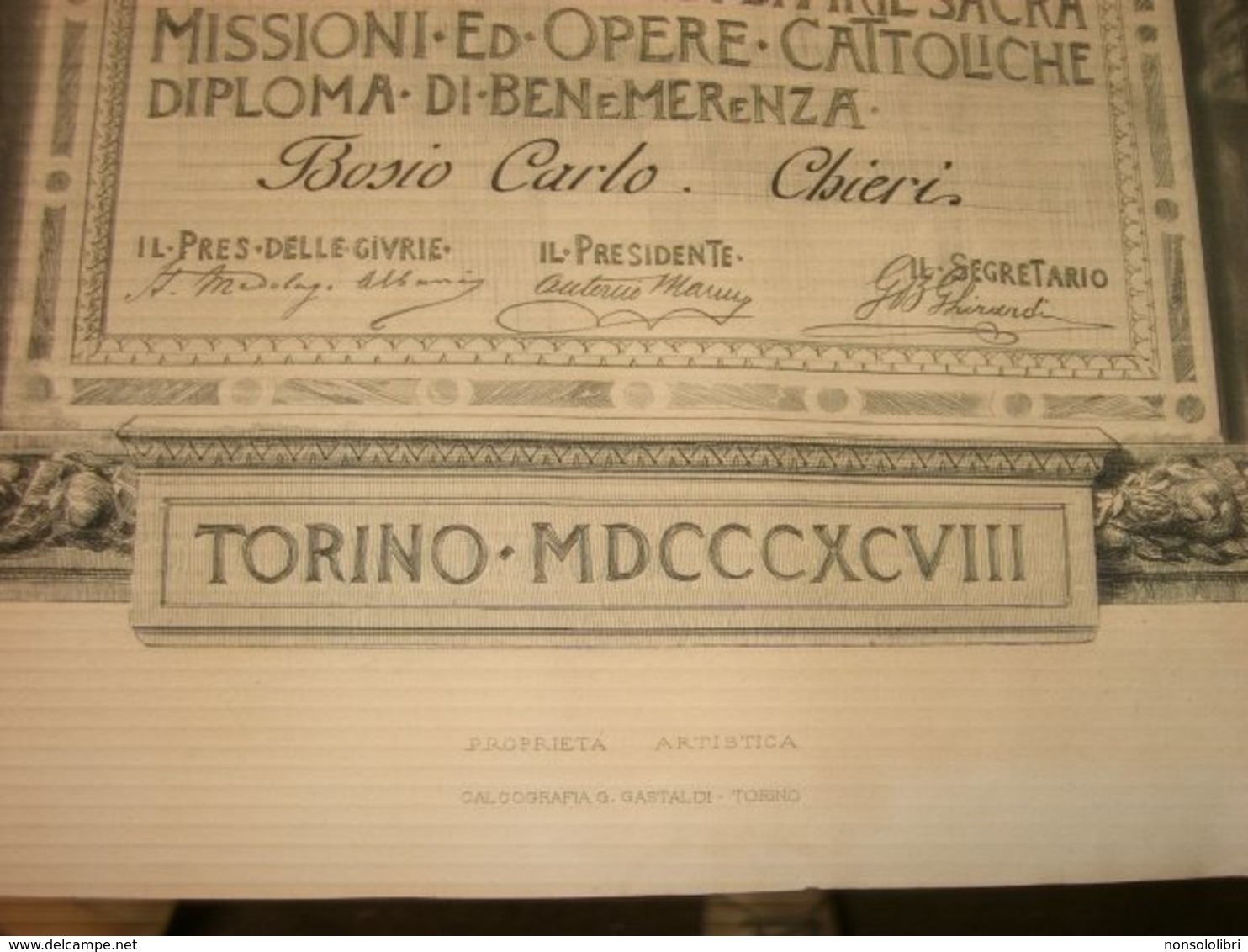 DIPLOMA  DI BENEMERENZA CENTENARI RELIGIOSI ED ARTISTICI DEL PIEMONTE MOSTRA DI ARTE SACRA MISSIONI ED OPERE - Diplomi E Pagelle