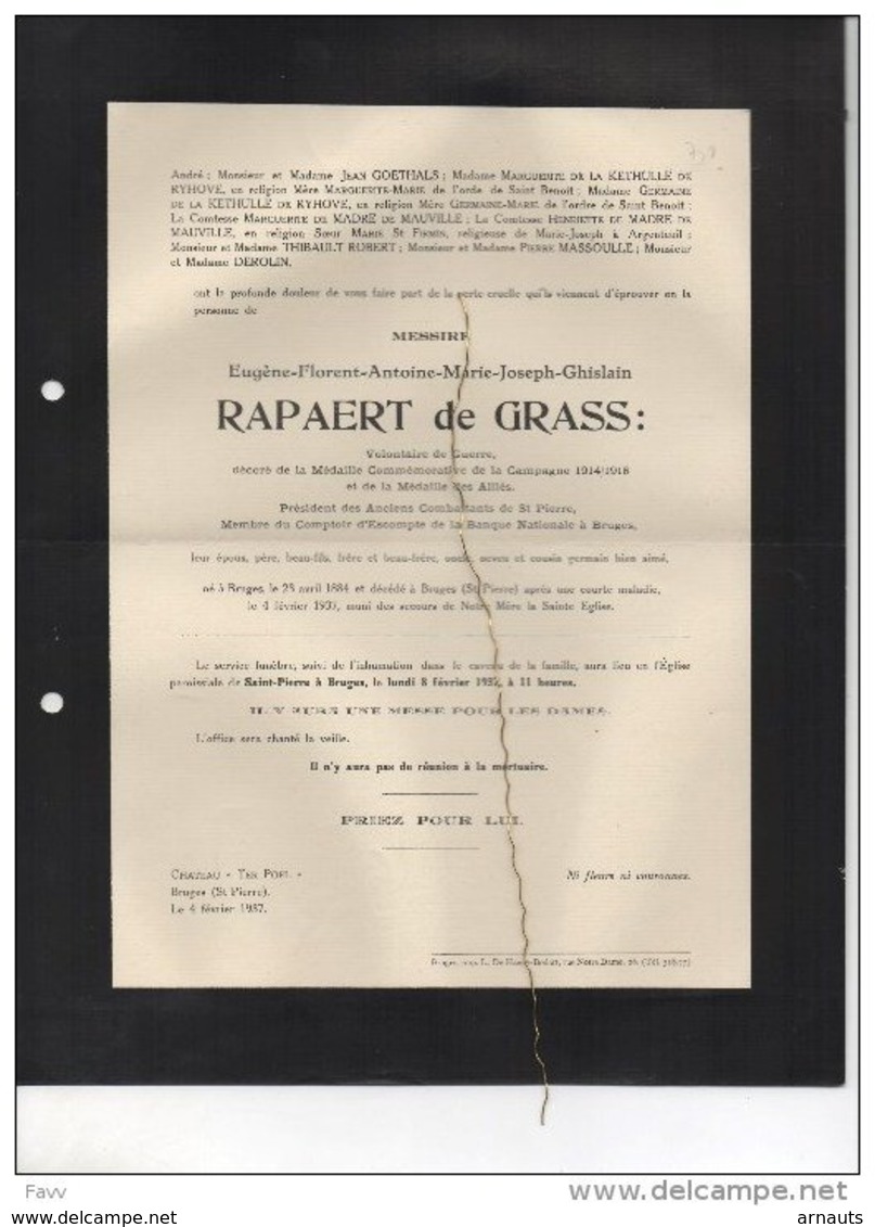 Euguene Rapaert De Grass Volontaire De Guerre 1914-18 °Brugge 1884 + 4/2/1937 Goethals Coppieters D'Udekem D'Acoz - Avvisi Di Necrologio