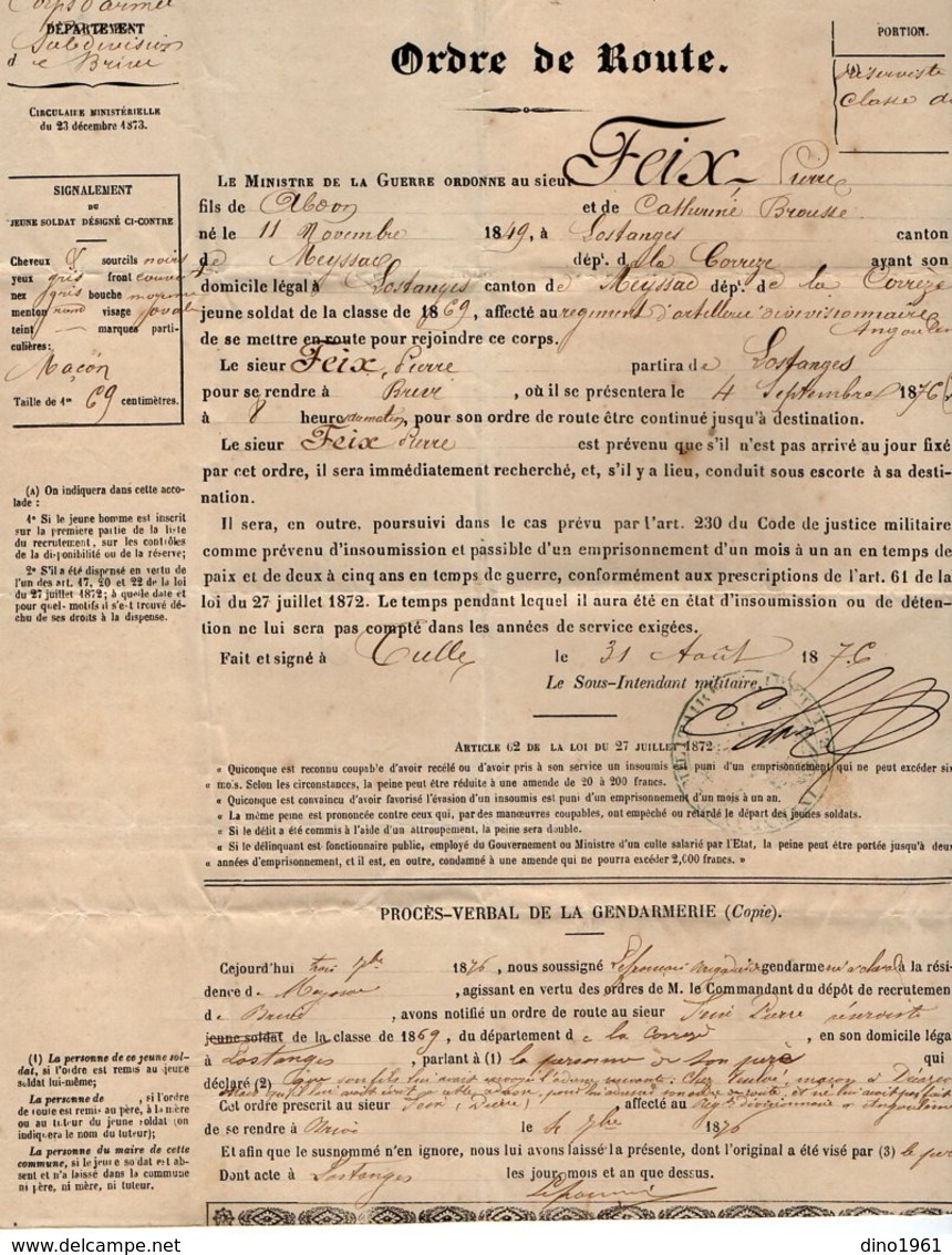 VP15.835 - BRIVE X TULLE 1876 - Ordre De Route Du Soldat P. FEIX à LOSTANGES Affecté Au Rgt D'Artillerie à ANGOULEME - Documentos
