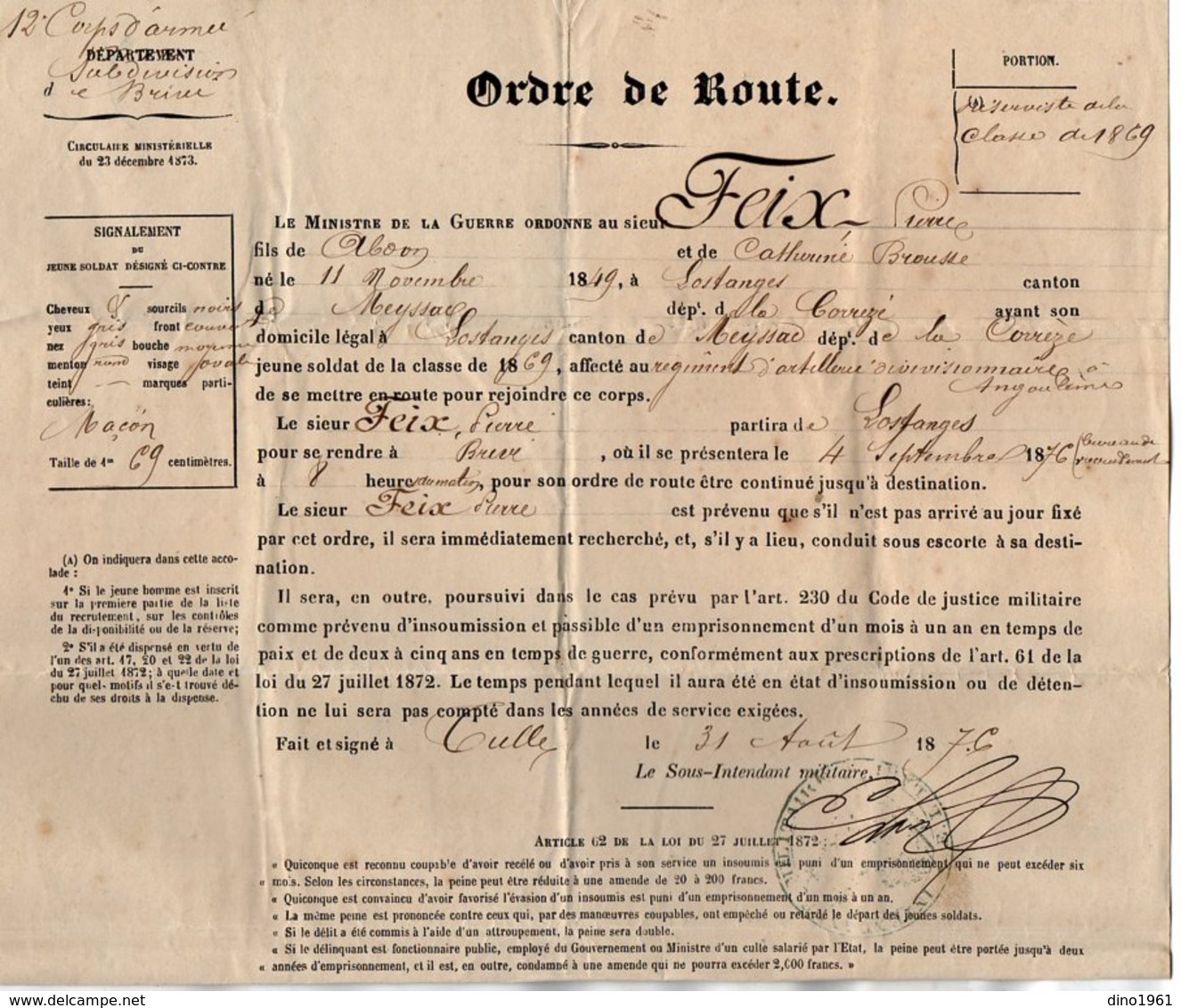 VP15.835 - BRIVE X TULLE 1876 - Ordre De Route Du Soldat P. FEIX à LOSTANGES Affecté Au Rgt D'Artillerie à ANGOULEME - Documents