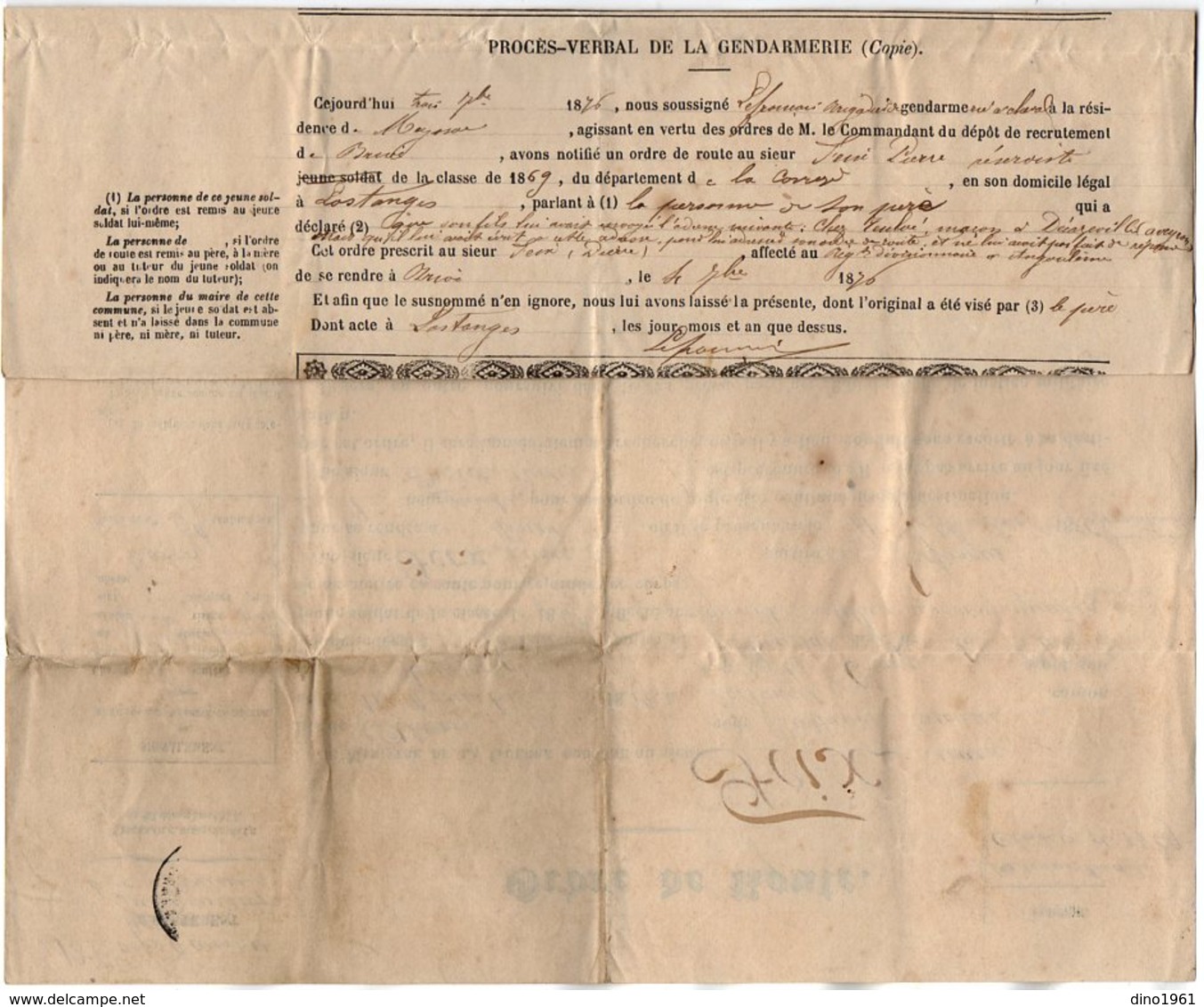 VP15.835 - BRIVE X TULLE 1876 - Ordre De Route Du Soldat P. FEIX à LOSTANGES Affecté Au Rgt D'Artillerie à ANGOULEME - Documents