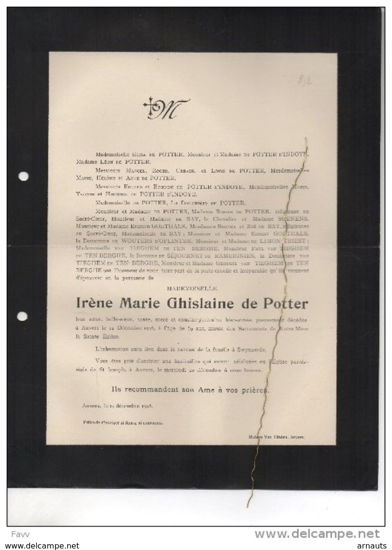 Irène De Potter °1845+Anvers 14/12/1905 Zwijnaarde D'Indoye De Bay De Wouters D'Oplinter Van Tieghem De Ten Berghe - Avvisi Di Necrologio