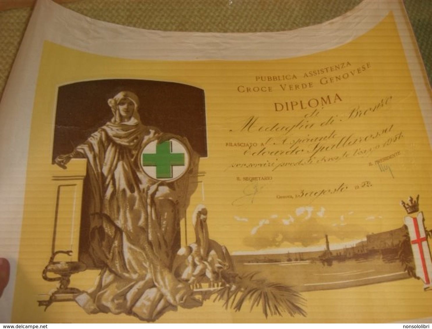 DIPLOMA PUBBLICA ASSISTENZA CROCE VERDE GENOVESE 1952 - Diplomi E Pagelle