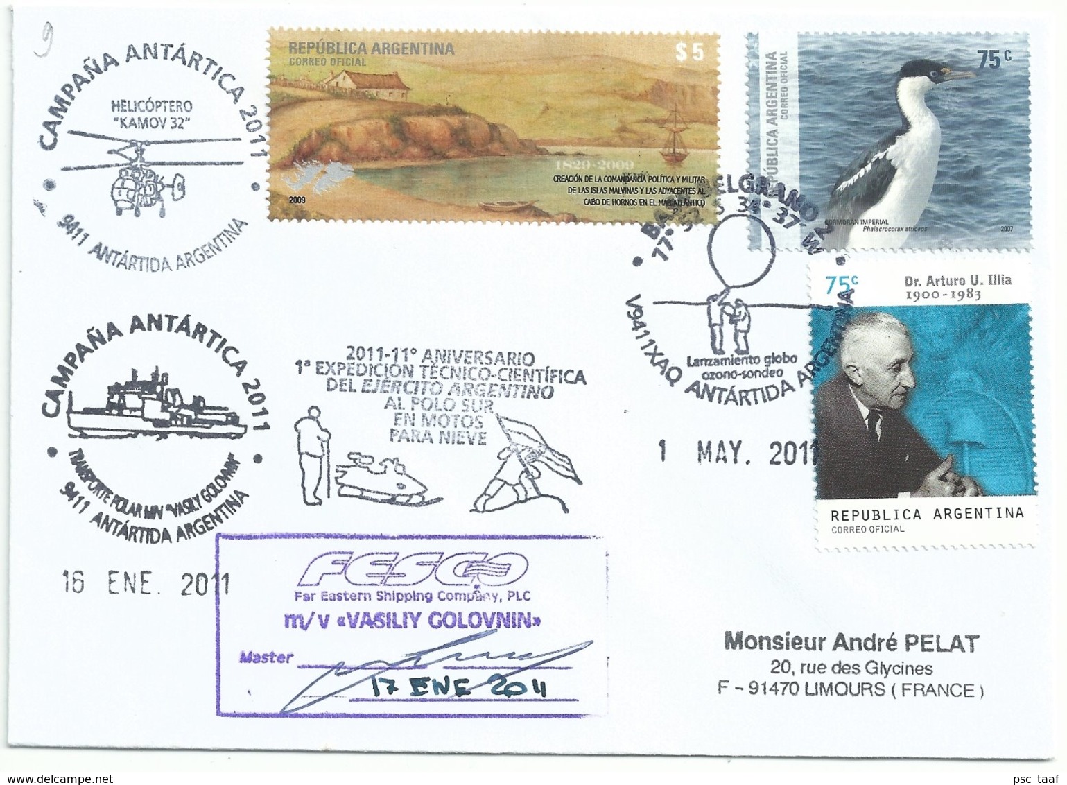 Malouines - Cormoran - Dr Arturo U Illia - Posté à Bord Vasiliy Golovnin - Base Antarctique Argentine - Lettres & Documents