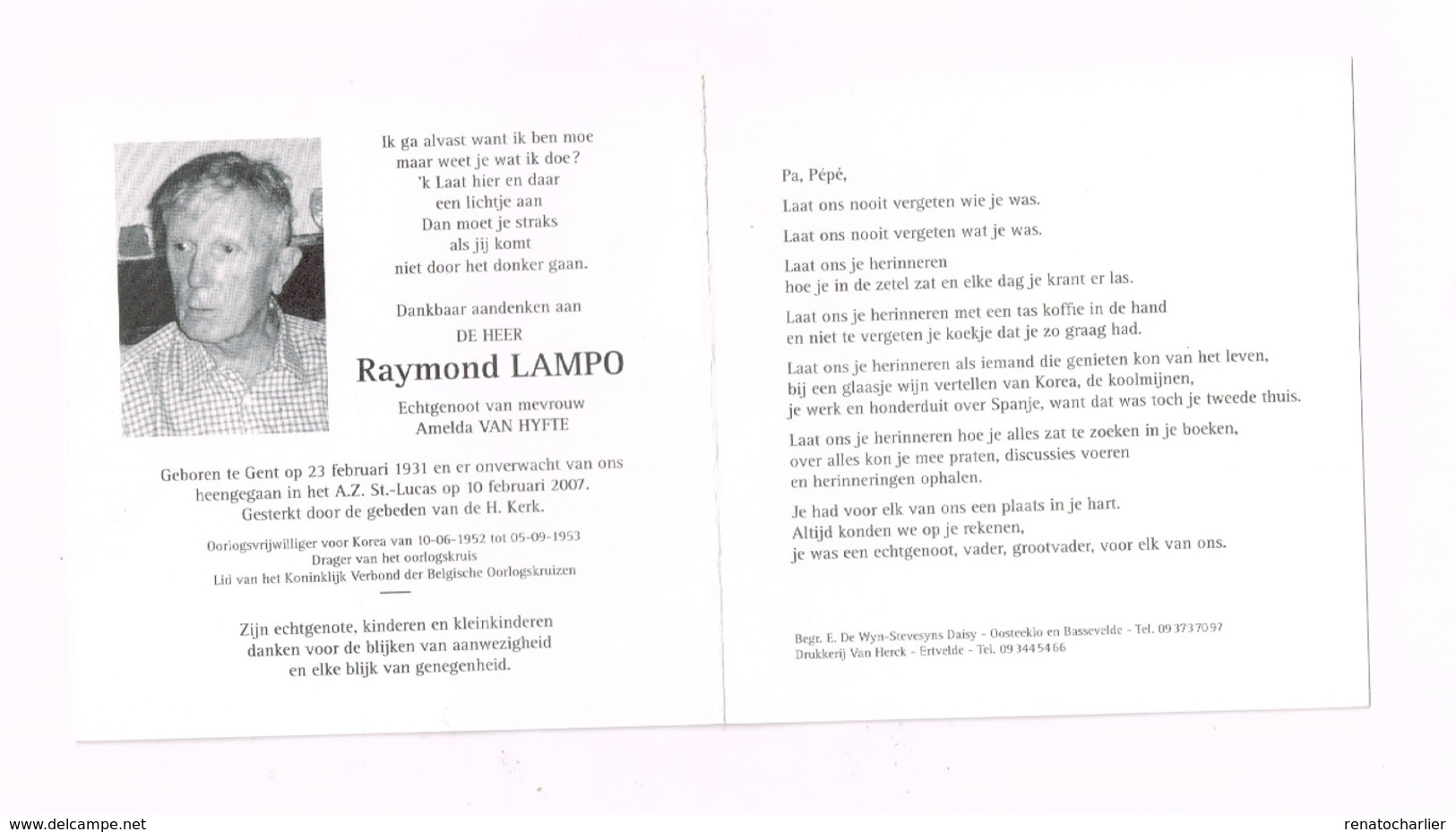 Raymond Lampo.Gent,23.2.1931,10.2.2007.Oorlogsvrijwilliger Voor KOrea. - Avvisi Di Necrologio