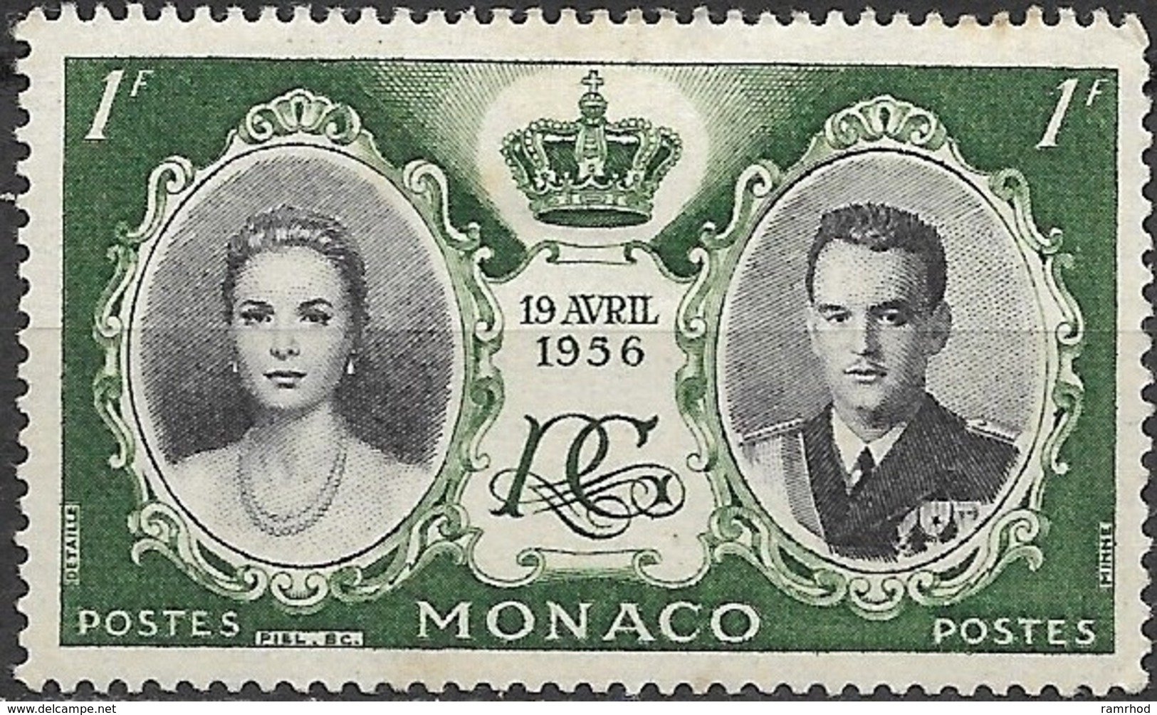 MONACO 1956 Royal Wedding - Princess Grace And Prince Rainier III - 1f - Black & Grn MH - Nuovi