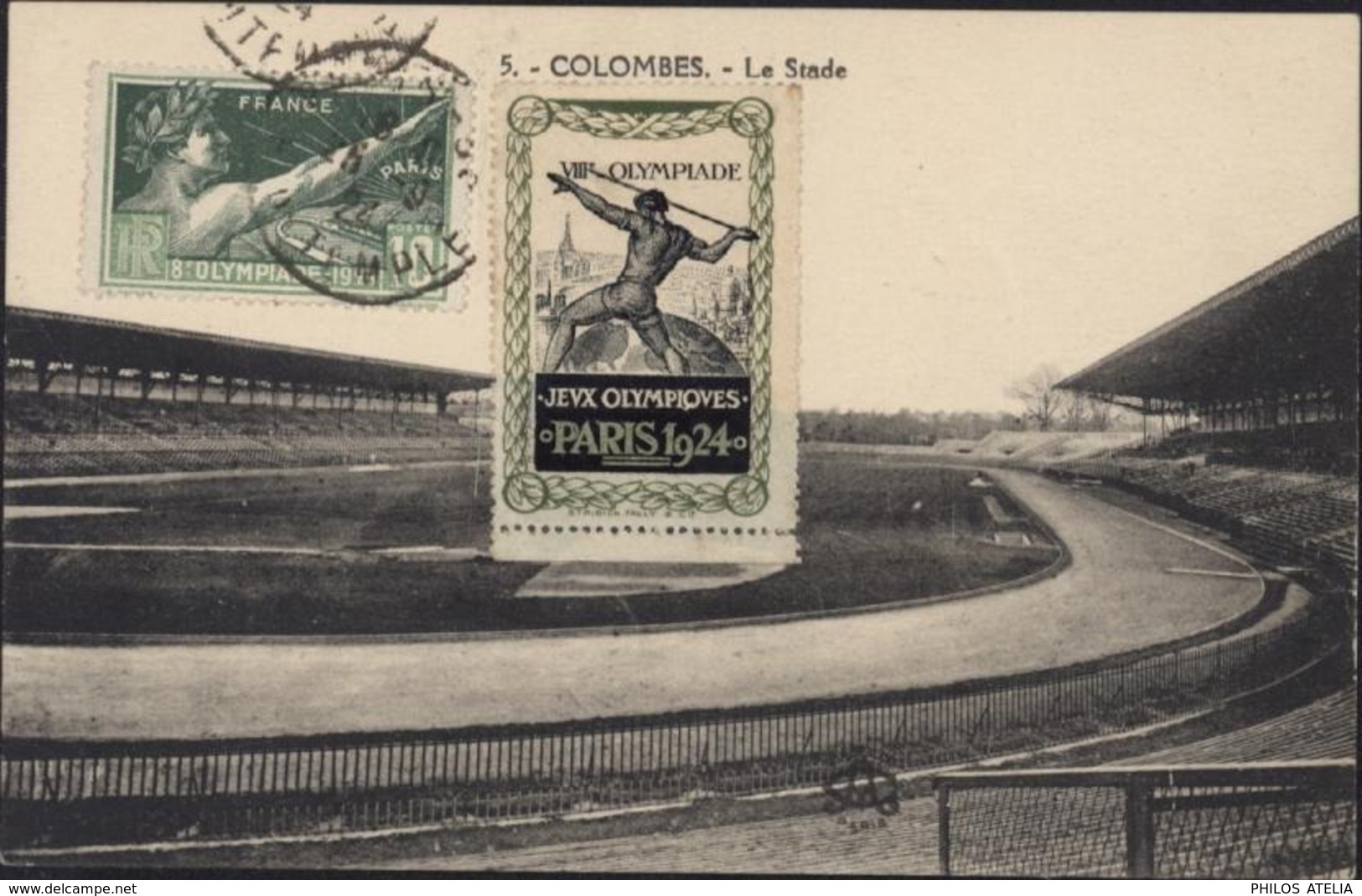 Sur CPA Colombes Le Stade Vignette VIIIe Olympiade Jeux Olympiques JO Paris 1924 YT 183 Serment Olympique CAD 25 9 24 - Storia Postale