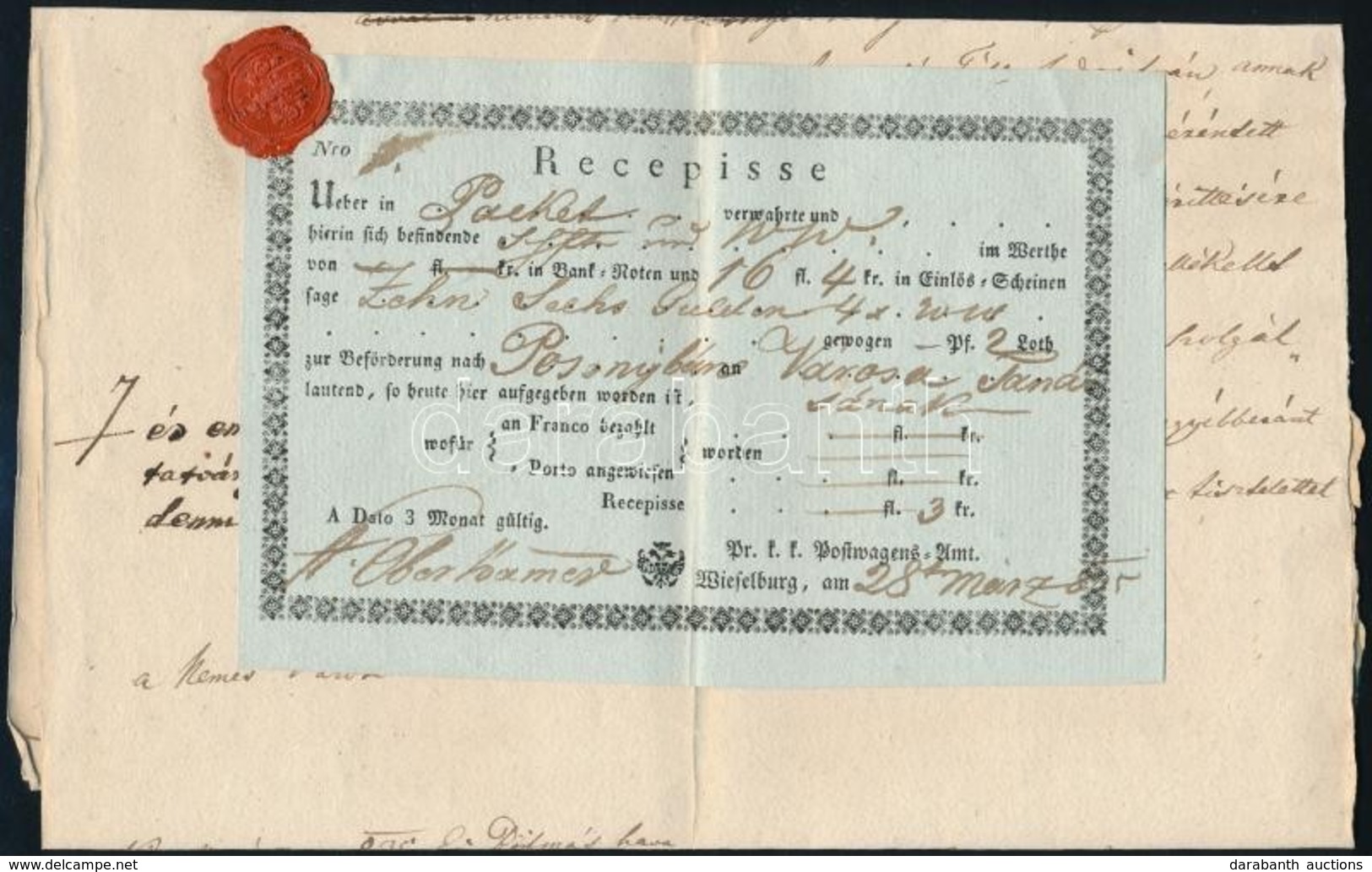1835 Recepisse Levélhez Csatolva / Sticked To Letter Nyomtatott / Printed  'Wieselburg' - Pozsony - Sonstige & Ohne Zuordnung