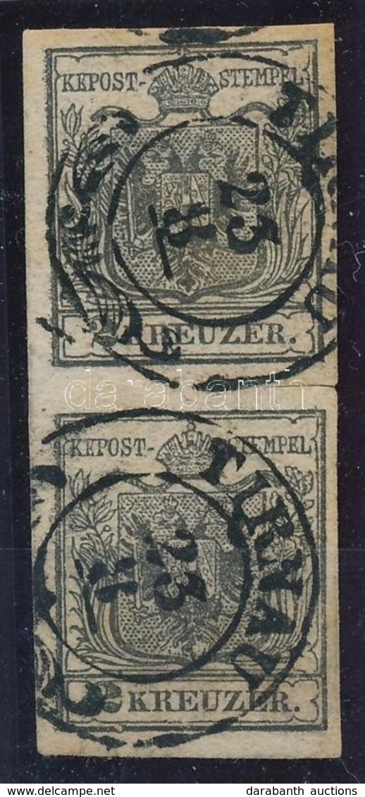 O 1850 2kr Pár / Pair HP Ib Szürkésfekete ívszéli Nyomat Lemezhibával / Greyish Black Margin Piece With Plate Flaw 'TIRN - Other & Unclassified