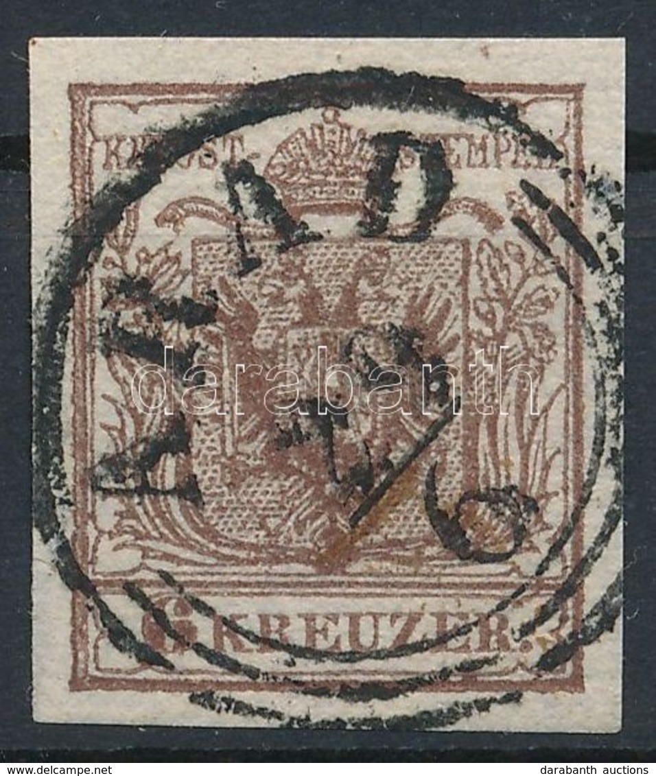 O 1850 6kr HP III Gesztenyebarna ívszéli Nyomat / Chestnut Brown, Margin Piece 'ARAD' Certificate: Strakosch - Sonstige & Ohne Zuordnung