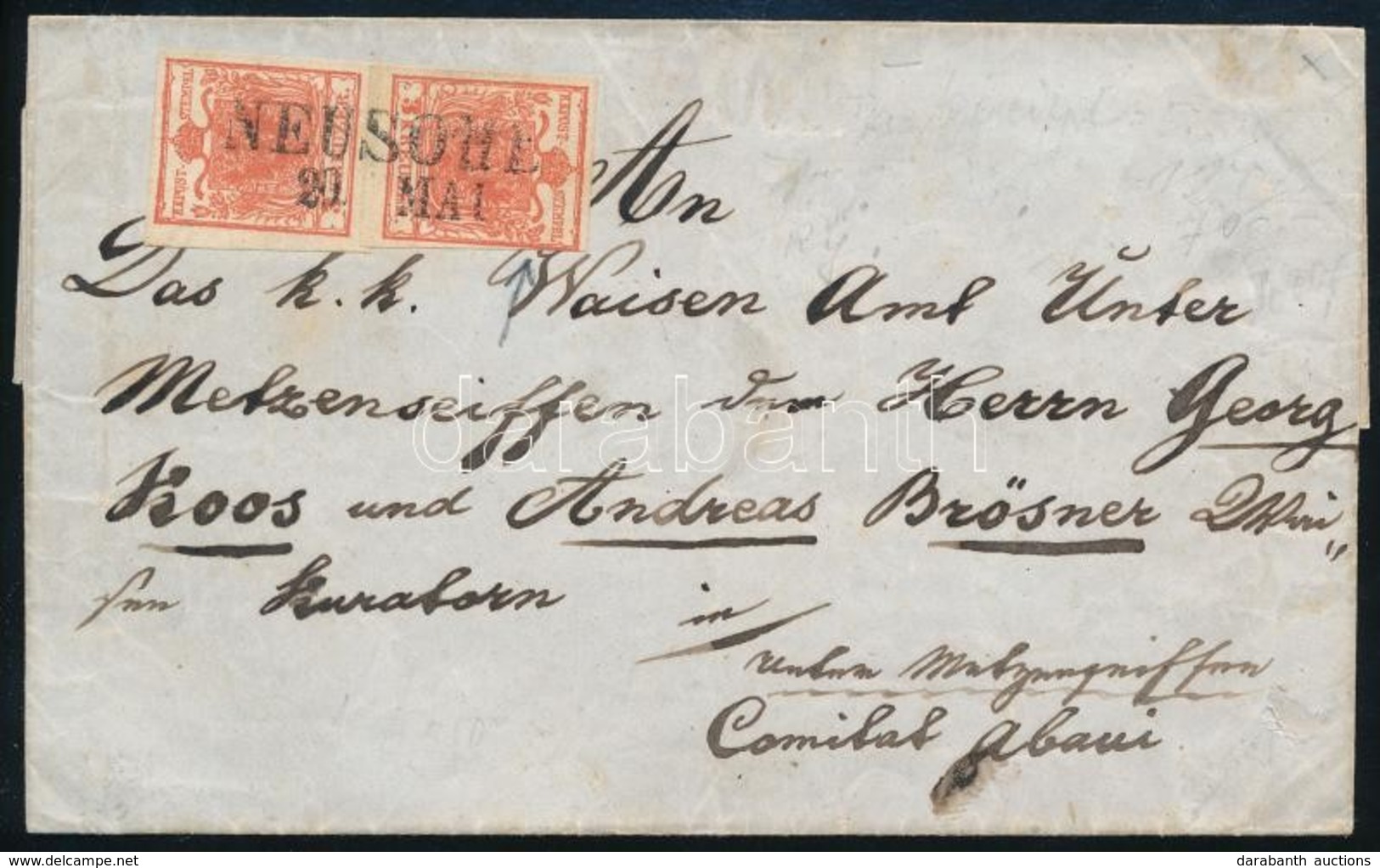 ~1850 2 X 3kr HP Ia Bordázott Papír, élénk Szín, Levélen / Ribbed Paper, Nice Colour, On Cover 'NEUSOHL' Certificate: Hu - Autres & Non Classés