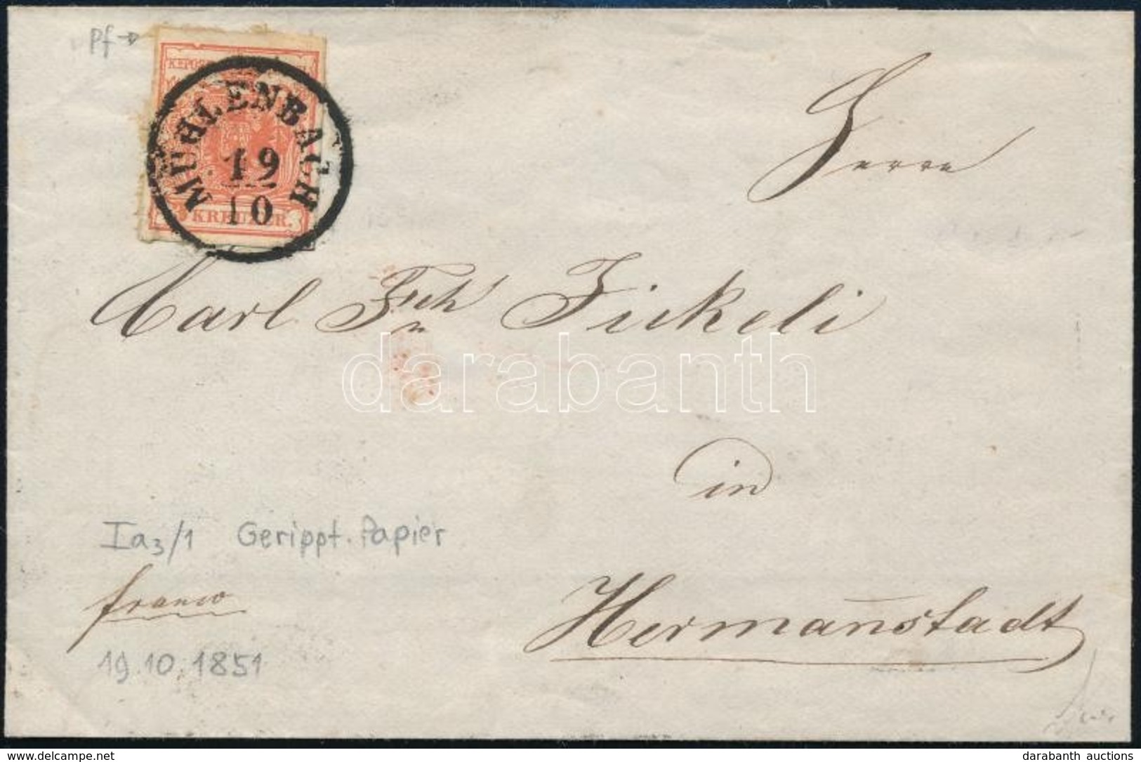 1851 3kr HP Ia-3 Bordázott Kézi Papír, Mély Cinóber Piros Levélen / Deep Vermeil, Gerriptes Papier On Cover (Ferchenbaue - Autres & Non Classés