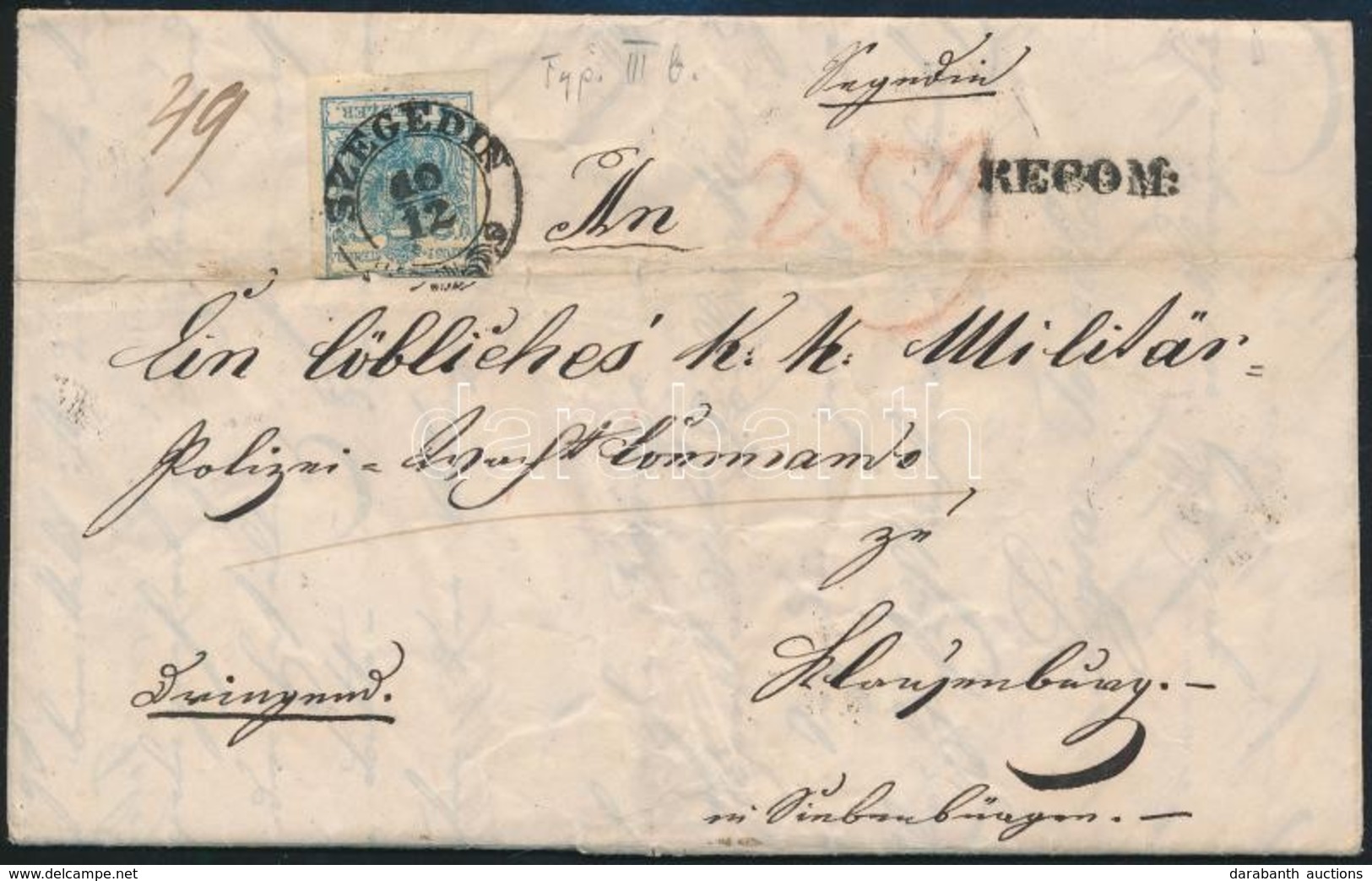 1852 9kr (felül Sérült / Demaged Above) + 6kr Távolsági Ajánlott Levélen / On Registered Domestic Cover 'SZEGEDIN' - Autres & Non Classés