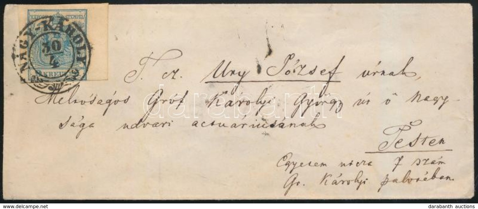 1856 9kr Jobb ívszél 7mm Levélen / On Cover 'NAGY-KÁROLY' -'PESTH / Früh' - Autres & Non Classés