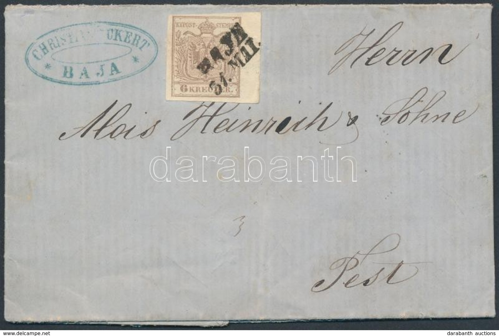 1856 6kr Jobb ívszél 5 Mm Levélen / On Cover 'BAJA' - 'PESTH / Früh' - Autres & Non Classés