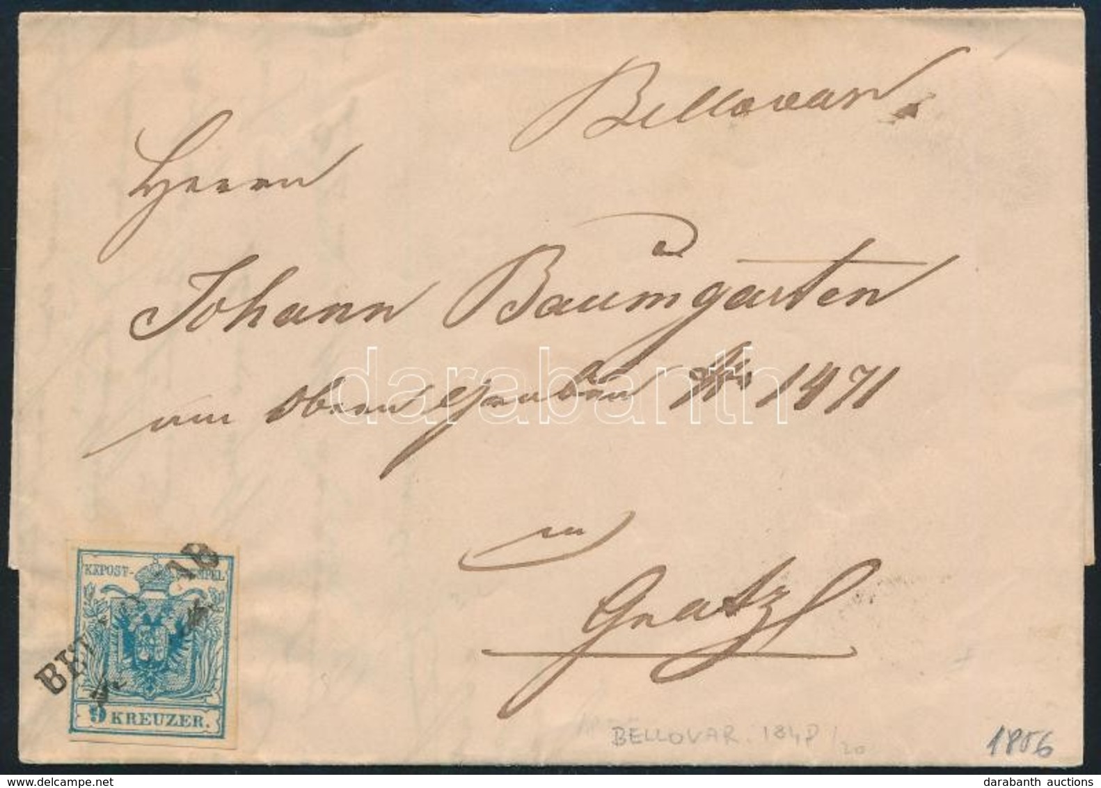 1856 9kr MP III Levélen / On Cover 'BELLOVAR' - Autres & Non Classés