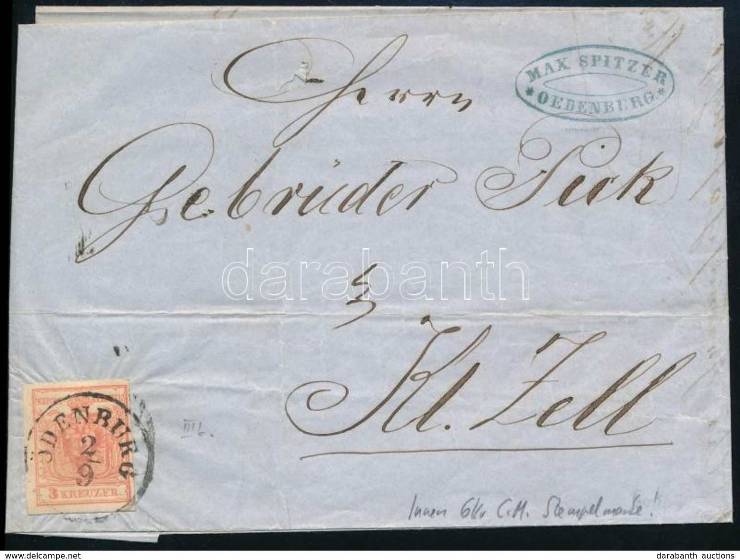 1856 3kr MP III Levélen / On Cover, Belül 6kr Illetékbélyeg / 6kr Fiscal Stamp On The Inside. 'ÖDENBURG' - Andere & Zonder Classificatie