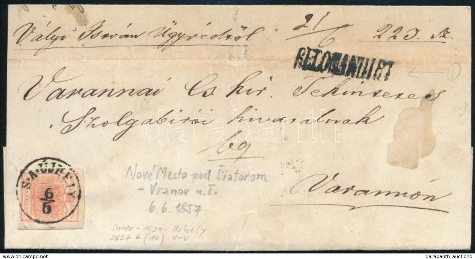 1857 Ajánlott Levélen 3kr + 6kr A Hátoldalon Eltépve MP III Ritka! / Registered Cover With 3kr + Teared 6kr On The Backs - Autres & Non Classés