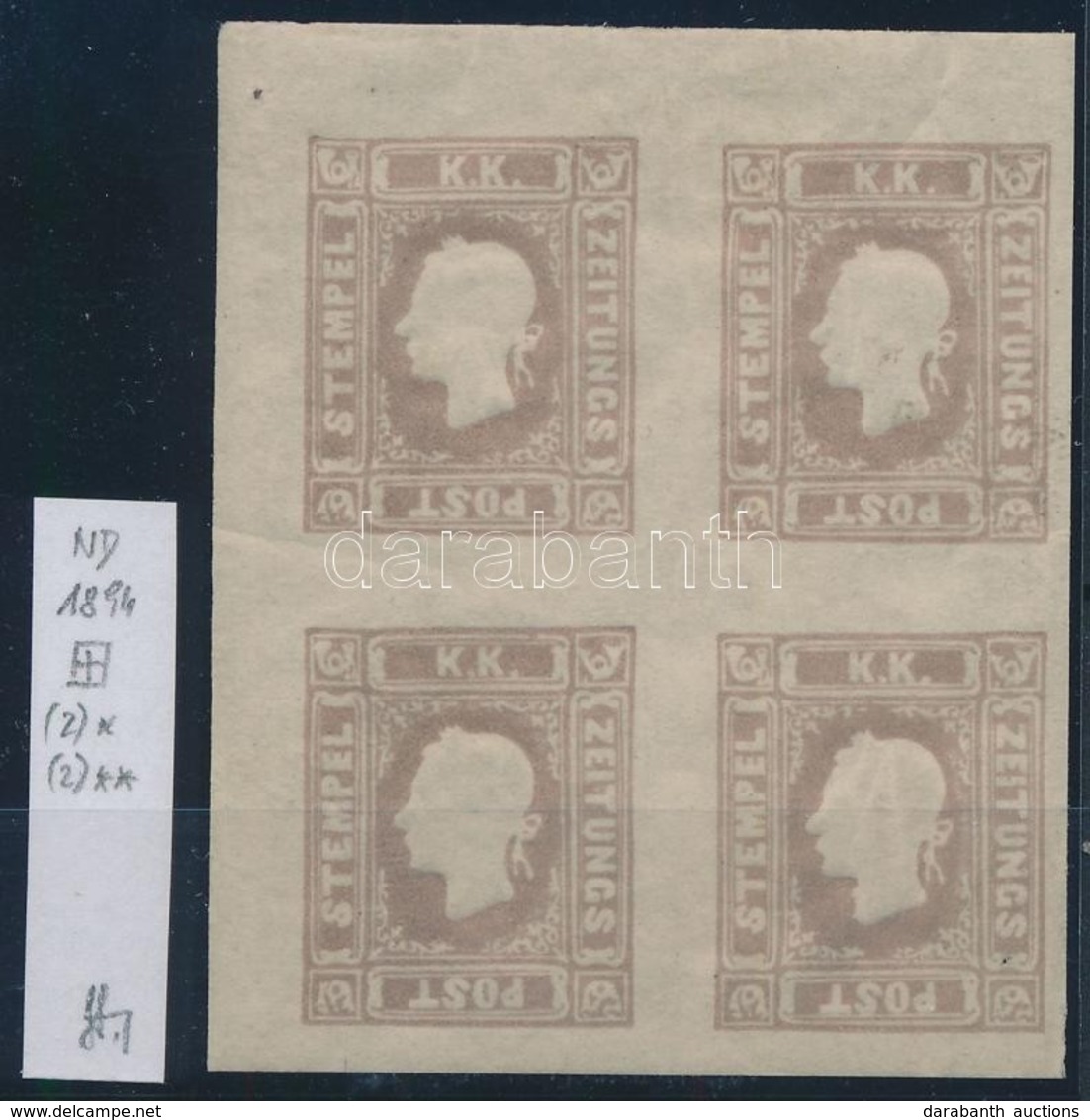 ** * 1894 Hírlapbélyeg Újnyomat ívsarki Négyestömb / Newspaper Stamp Reprint Corner Block Of 4. Identification: Strakosc - Sonstige & Ohne Zuordnung