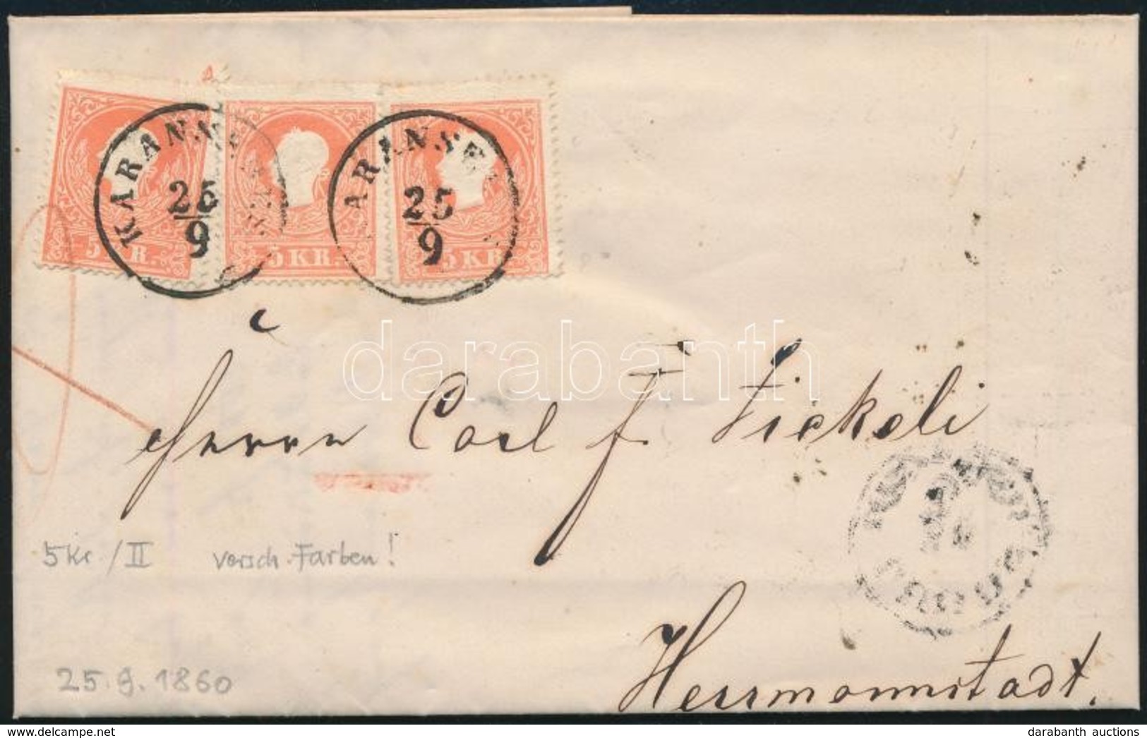 1860 3 X 5kr II Színeltérés A Bélyegek Között, Levélen Teljes Tartalommal / Colour Varieties, On Cover With Full Content - Sonstige & Ohne Zuordnung