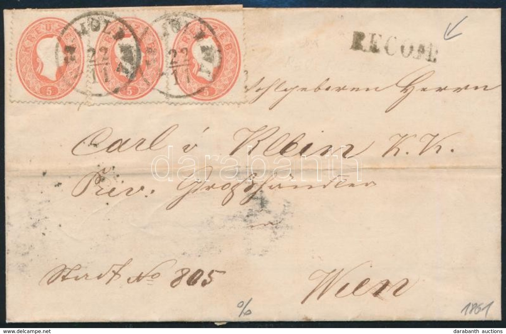 1861 3 X 5kr + A Hátoldalon 2 X 5kr (nyitáskor Elvágva) Ajánlott Levélen / 3 X 5kr + 2 X 5kr On The Backside (cut) On Re - Autres & Non Classés