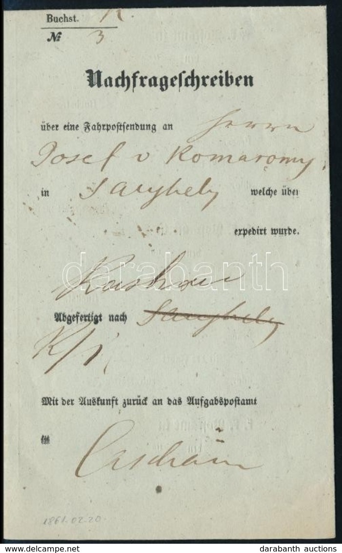 1861 Tudakozvány Kassáról - 'S.A. ÚJHELY' / Reclamation From Kassa To 'S.A.ÚJHELY' - Sonstige & Ohne Zuordnung