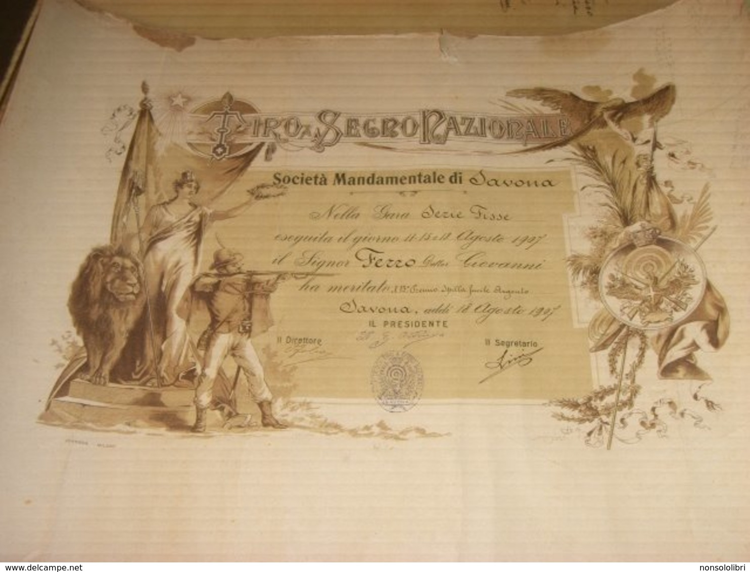 DIPLOMA TIRO A SEGNO NAZIONALE 1907 SOCIETA' MONUMENTALE DI SAVONA - Diplomi E Pagelle