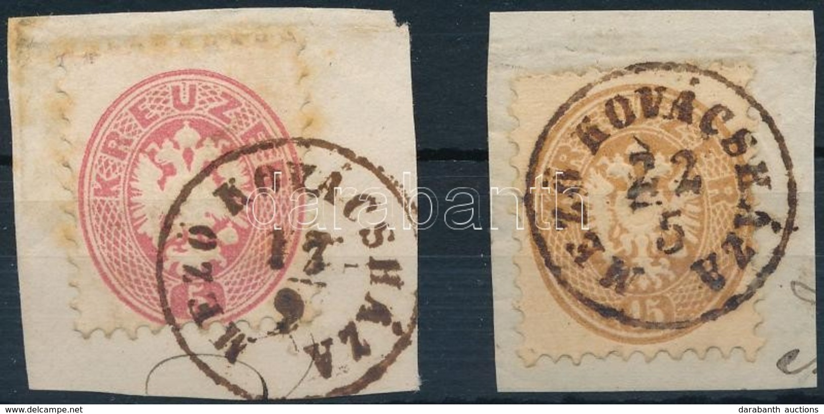 1864 5kr + 15kr Kivágásokon / On Cuttings 'MEZŐ KOVÁCSHÁZA' (Gudlin 2 X 350 P) - Sonstige & Ohne Zuordnung