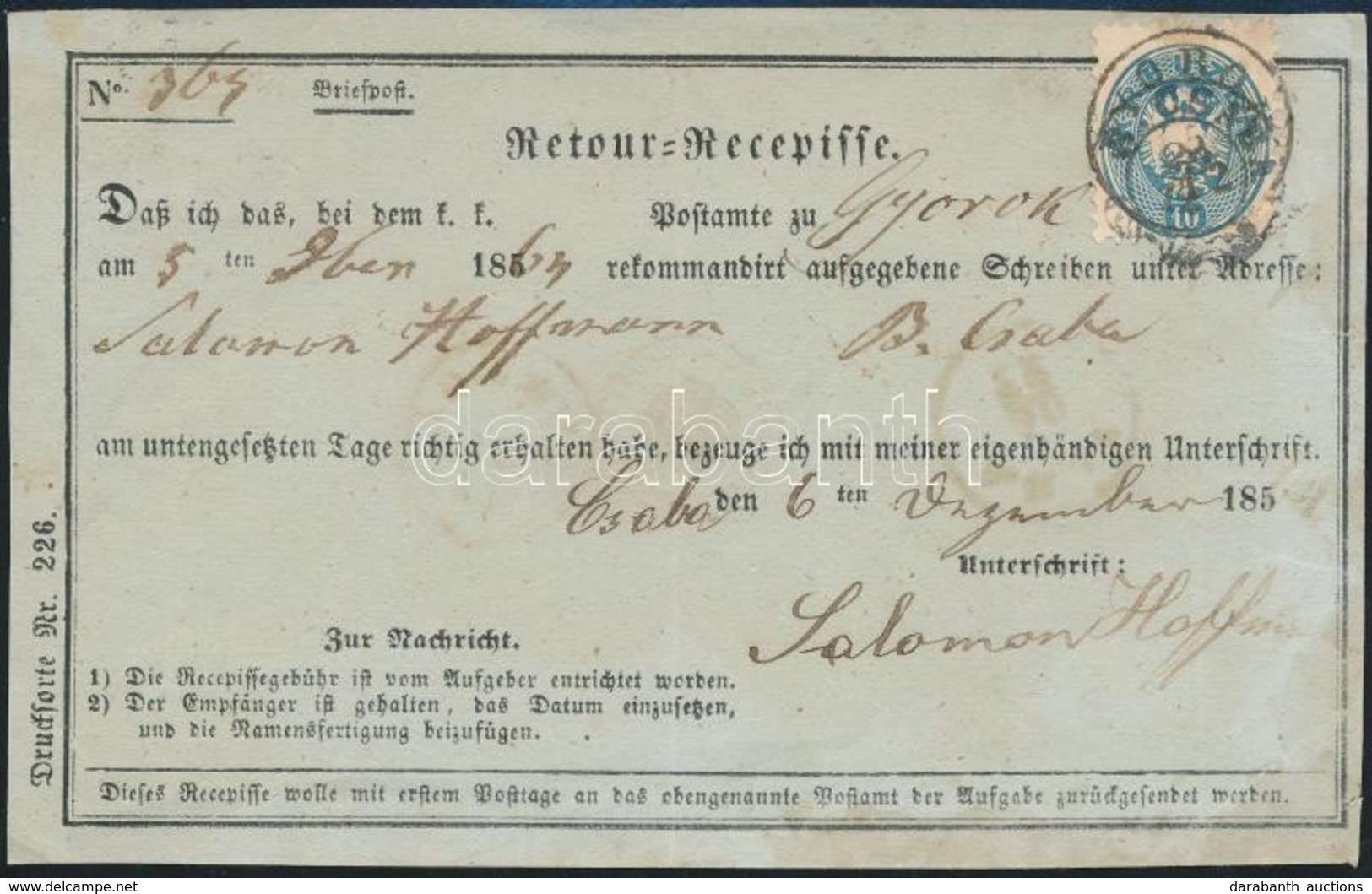 1864 10kr Tértivevényen / On Retour Recepisse 'GYOROK' + 'B.CSABA' - Autres & Non Classés