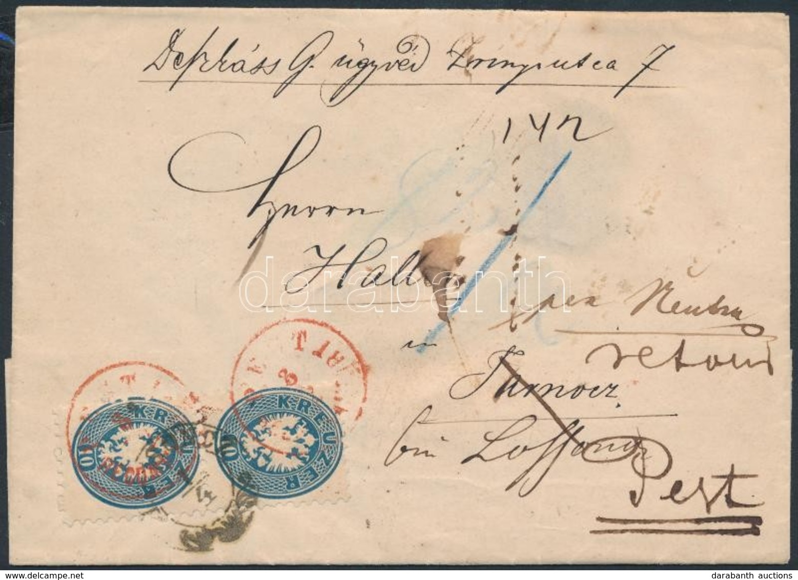 1864 2 X 10kr Ajánlott Levélen / On Registered Cover Piros / Red 'PEST / RECOMANDIRT' Többszöri Utánküldéssel / Several  - Andere & Zonder Classificatie