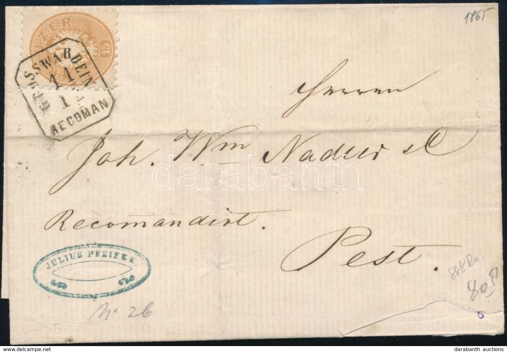 1865 15kr Ajánlott Levélen A Hátoldali Bélyeg Hiányzik / On Registered Cover, A Stamp Missing From Backside 'GROSSWARDEI - Autres & Non Classés