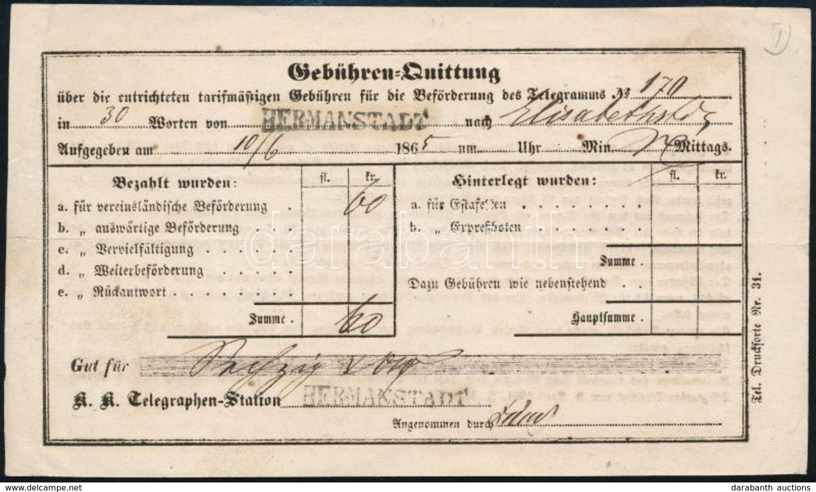 1865 Távirati Díjnyugta / Telegram Fee Receipt 'HERMANSTADT' - Elisabethstadt - Sonstige & Ohne Zuordnung