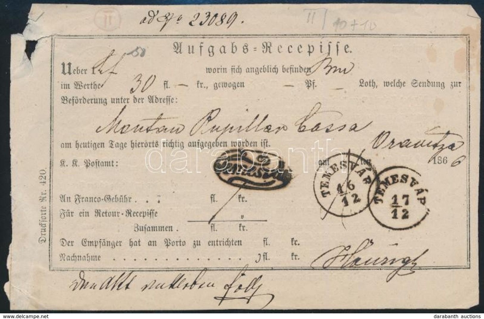 1866 Aufgabs Recepisse, 2 Klf Bélyegzéssel / 2 Different  'Temesvár' Cancellation - Sonstige & Ohne Zuordnung