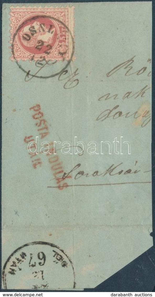 1867 5kr Levél Darabon / On Cover Piece 'OSZLÁNY' + Piros / Red 'POSTA INDULÁS UTÁN' - Sonstige & Ohne Zuordnung