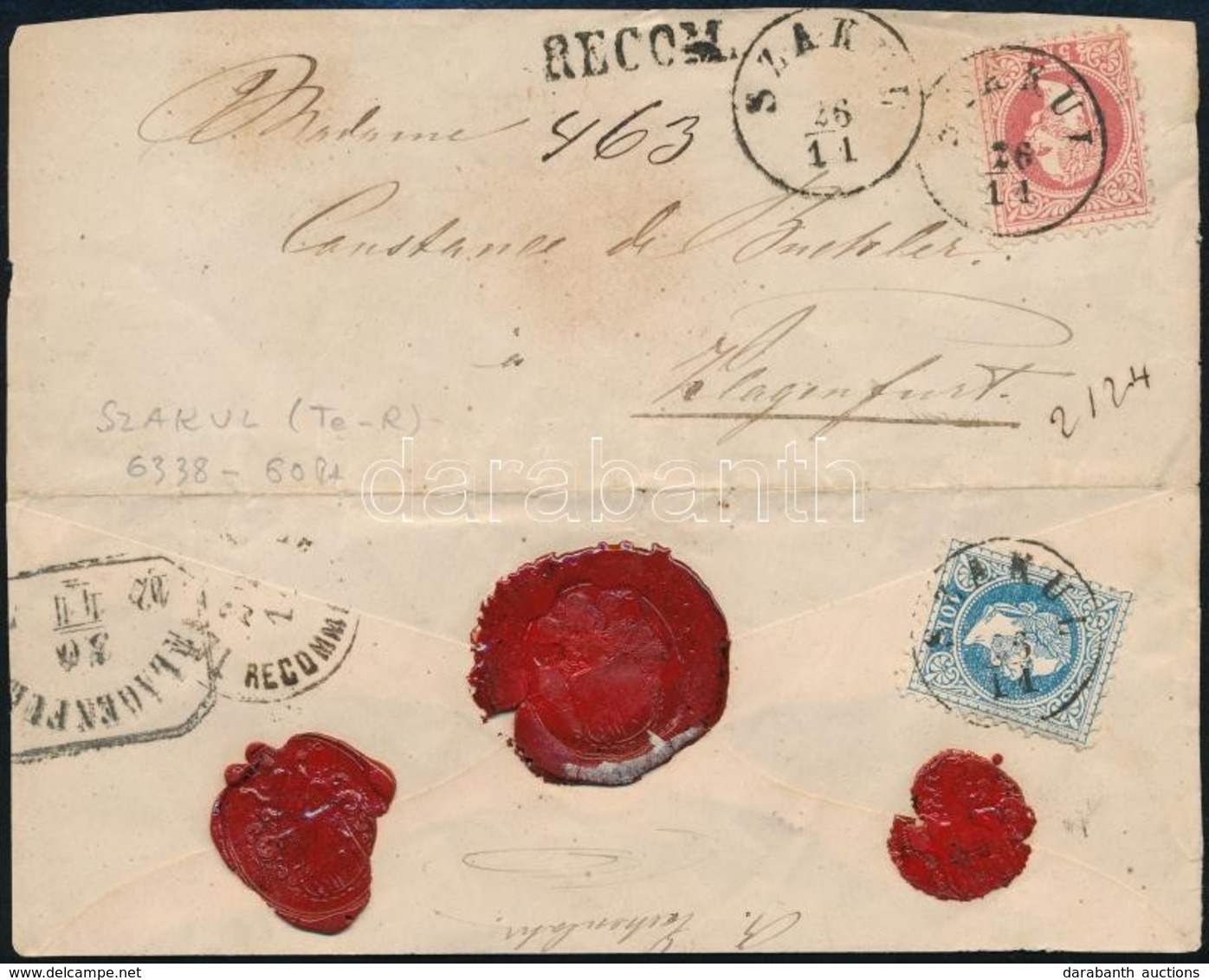 ~1868 5kr + Festékhiányos 10kr Ajánlott Levélen / 5kr + 10kr Dry Print, On Registered Cover 'SZAKUL' - Klagenfurt - Sonstige & Ohne Zuordnung