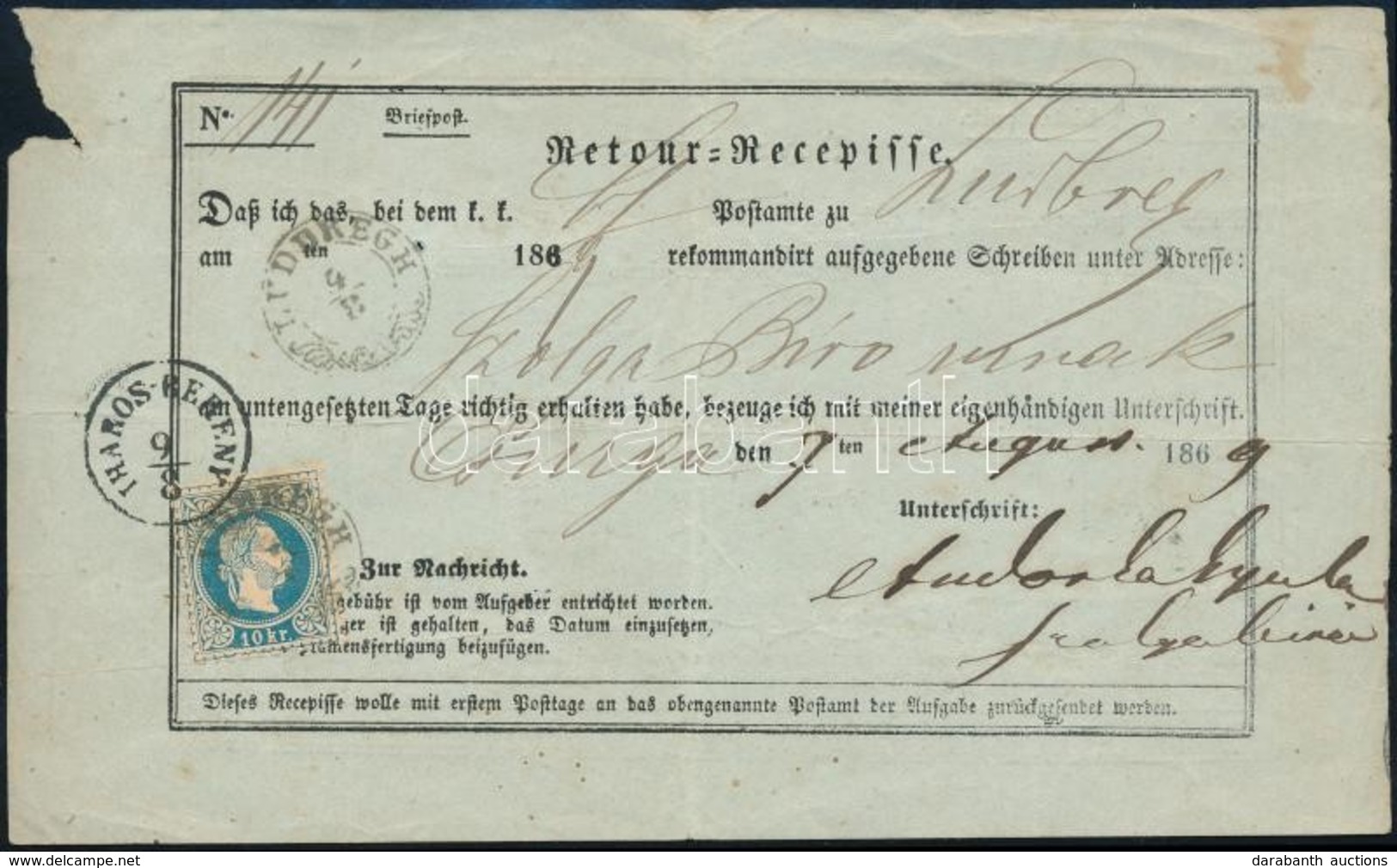 1869 10kr Tértivevényen / On Retour Recepisse 'LUDBREGH' (Gudlin 500 P) - 'IHAROS-BERÉNY' (sérült állapotban / Damaged) - Autres & Non Classés