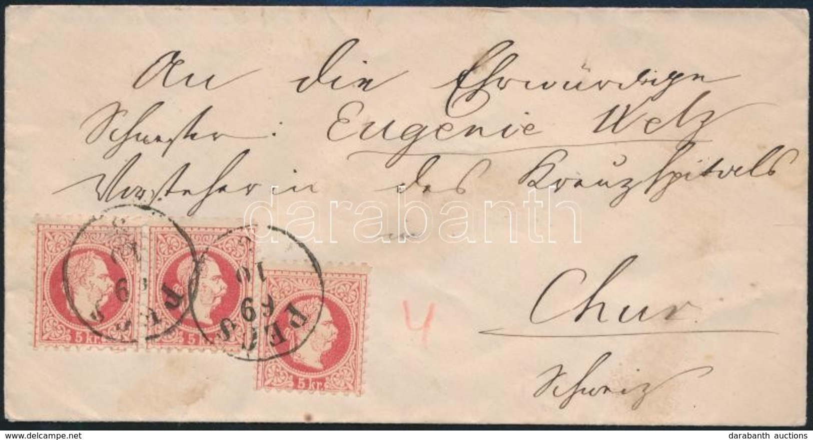 1869 3 X 5kr Levélen Svájcba / On Cover 'PÉCS' - Chur - Autres & Non Classés