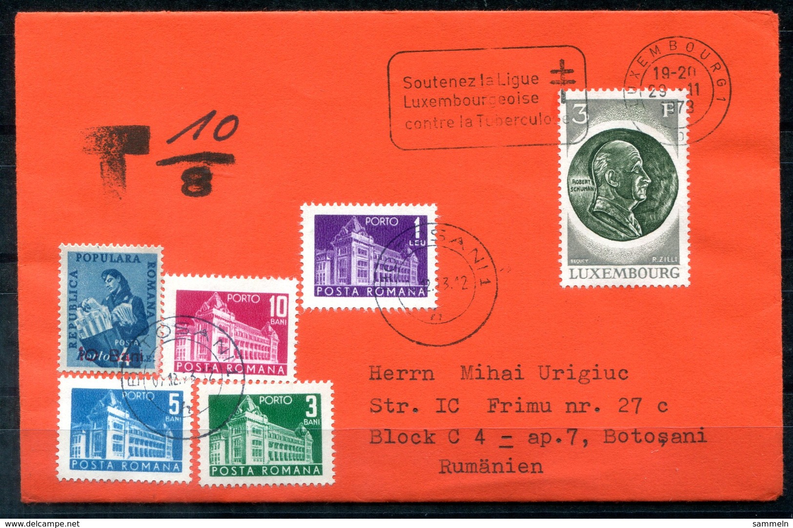 5208 - LUXEMBURG - Brief Nach Rumänien, Nachporto - Covers & Documents