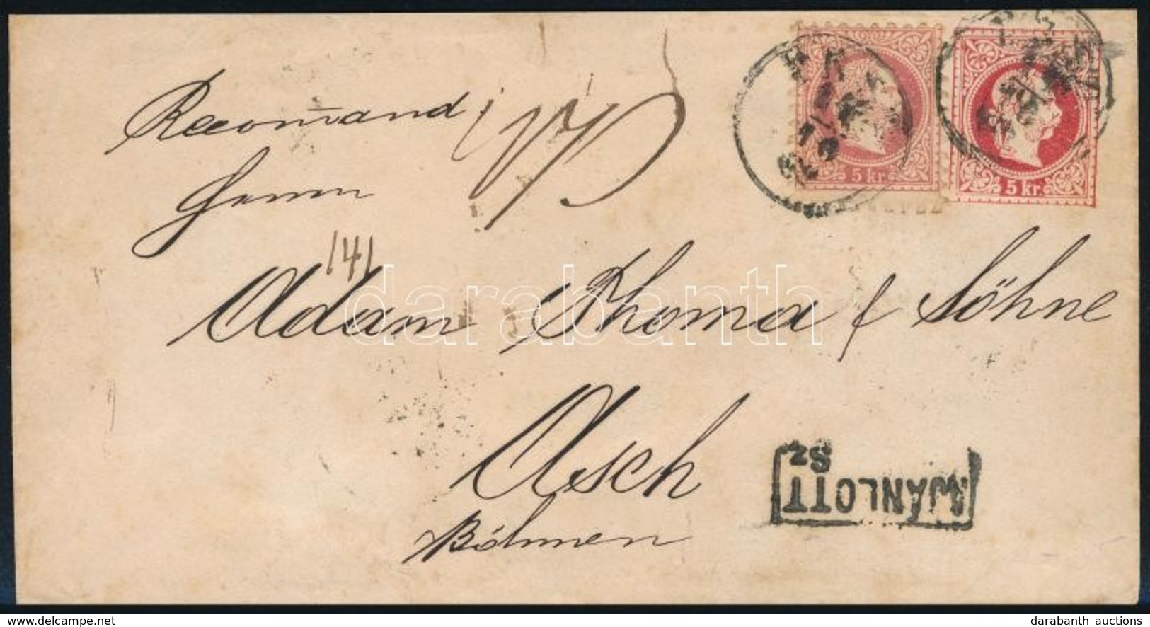 1869 2. Súlyfokozatú Ajánlott 5kr Díjjegyes Boríték 5kr Díjkiegészítéssel + Hátoldalán 2 X 5kr / Registered PS-cover Wit - Sonstige & Ohne Zuordnung