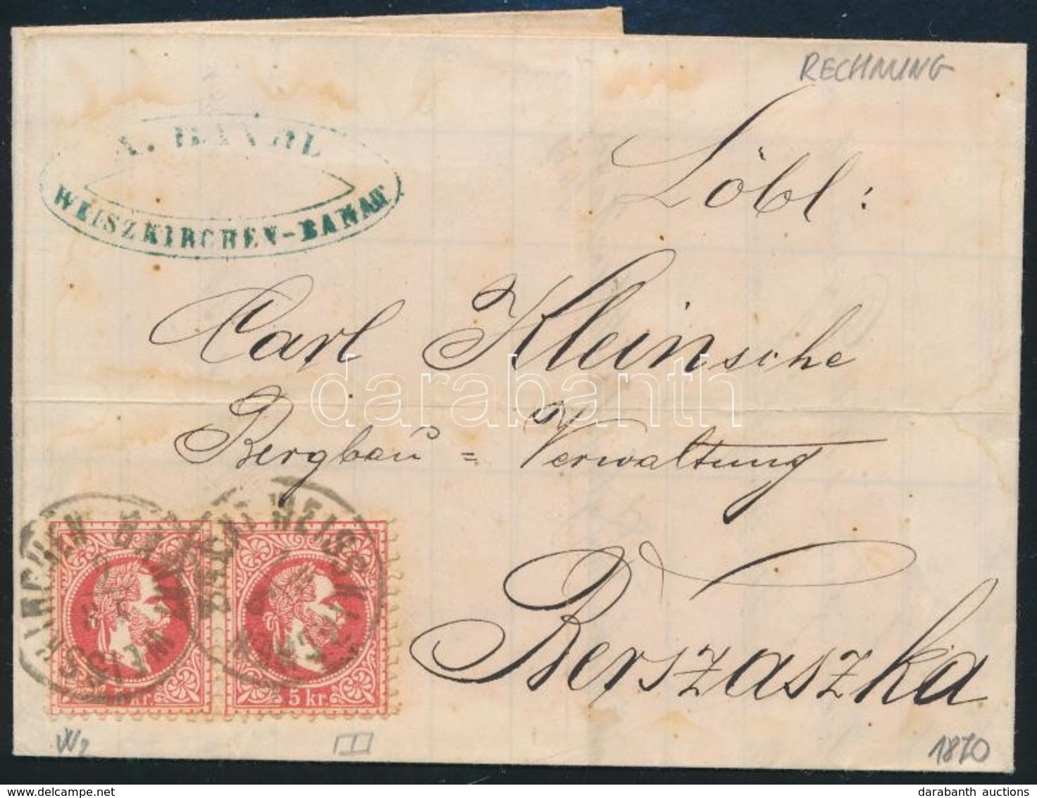 1870 5kr Pár Vízjellel, Teljes Tartalmú 2. Súlyfokozatú Számlalevélen / 5kr Pair With Watermark On 2nd Weight Class Cove - Sonstige & Ohne Zuordnung