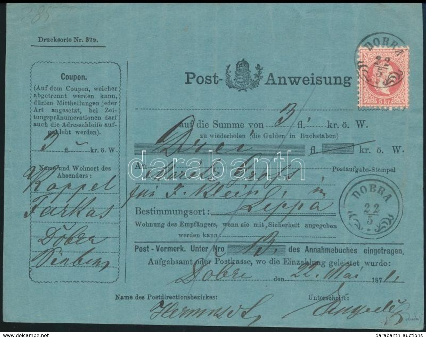 1871 5kr Postautalványon / On Money Order 'DOBRA' - Lippa - Sonstige & Ohne Zuordnung