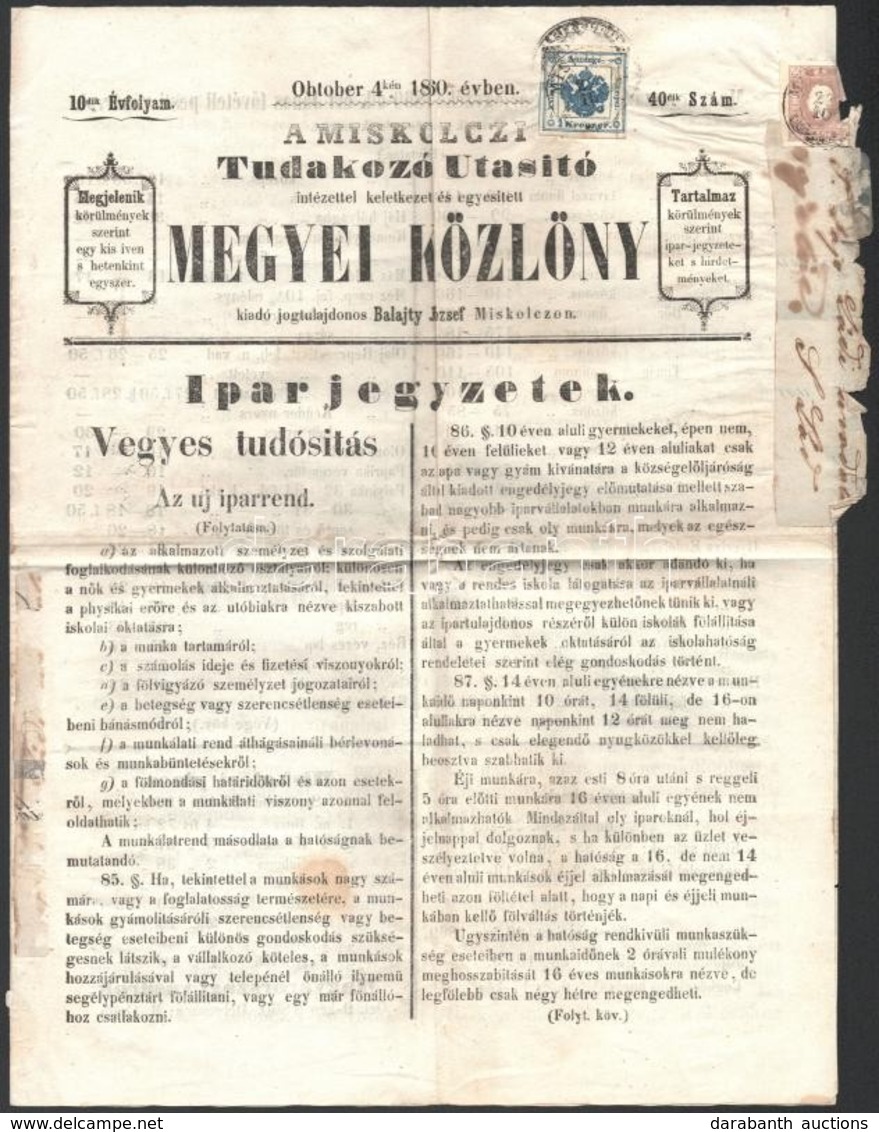 1860 Miskolczi értesítő 1kr Hírlapilletékbélyeggel, Rajta Címszalag Egy Sérült Hírlapbélyeggel / Newspaper With 1kr News - Autres & Non Classés