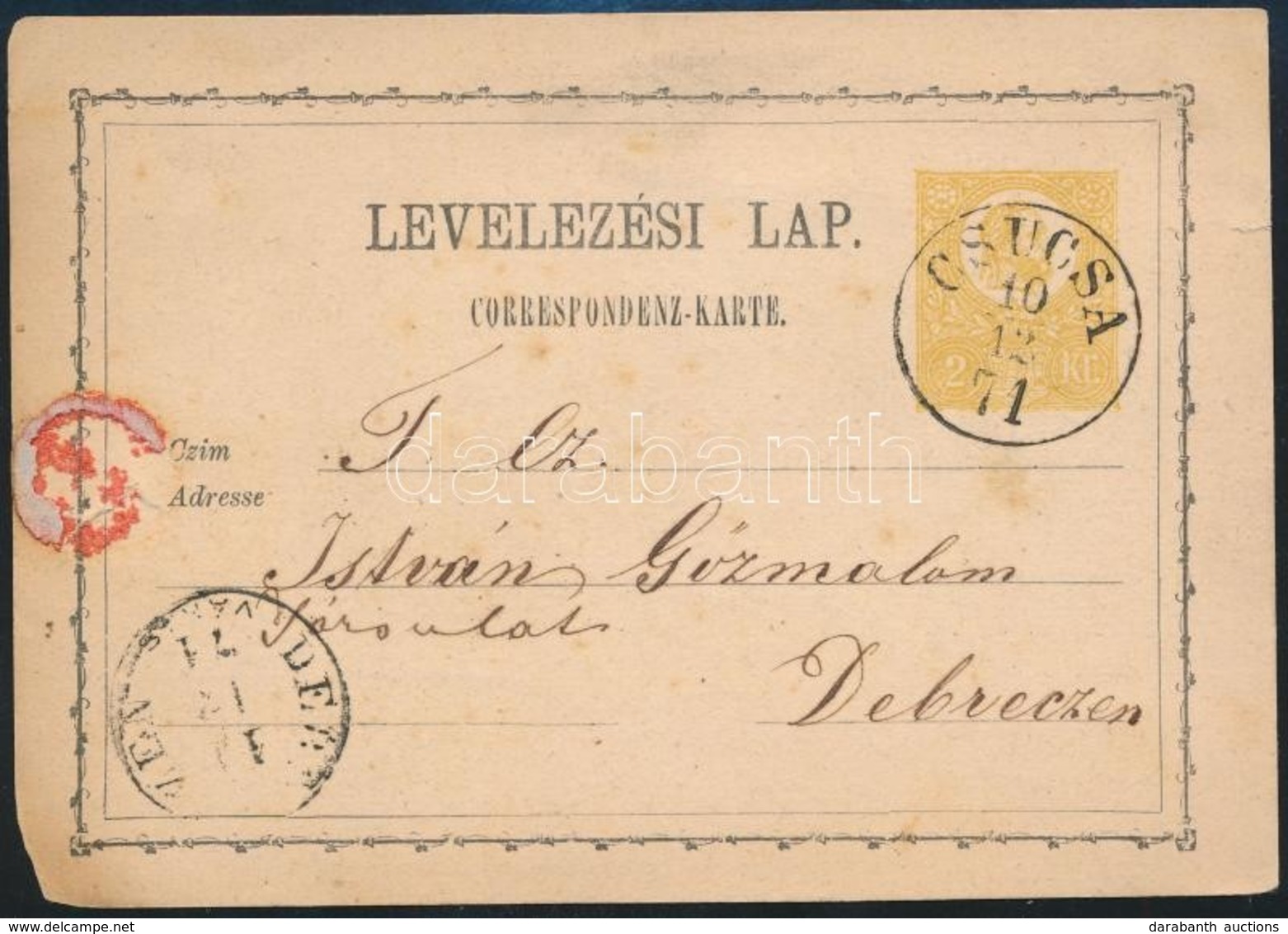 1871 2kr Díjjegyes Levelezőlap I. Típus, A Fej Felületén Foltok / 2kr PS-card Type I., Paint Spots On The Head 'CSUCSA' - Autres & Non Classés